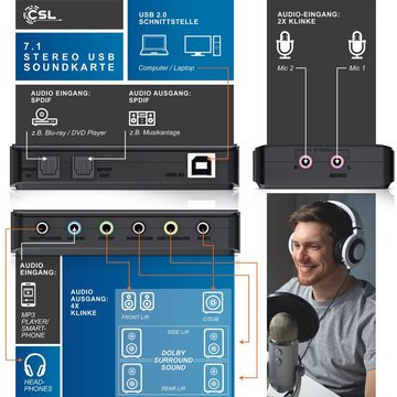 CSL USB-Soundkarte, extern, 7.1 Surround Sound, Stereo Audio Adapter, für PC - Win 10, 11