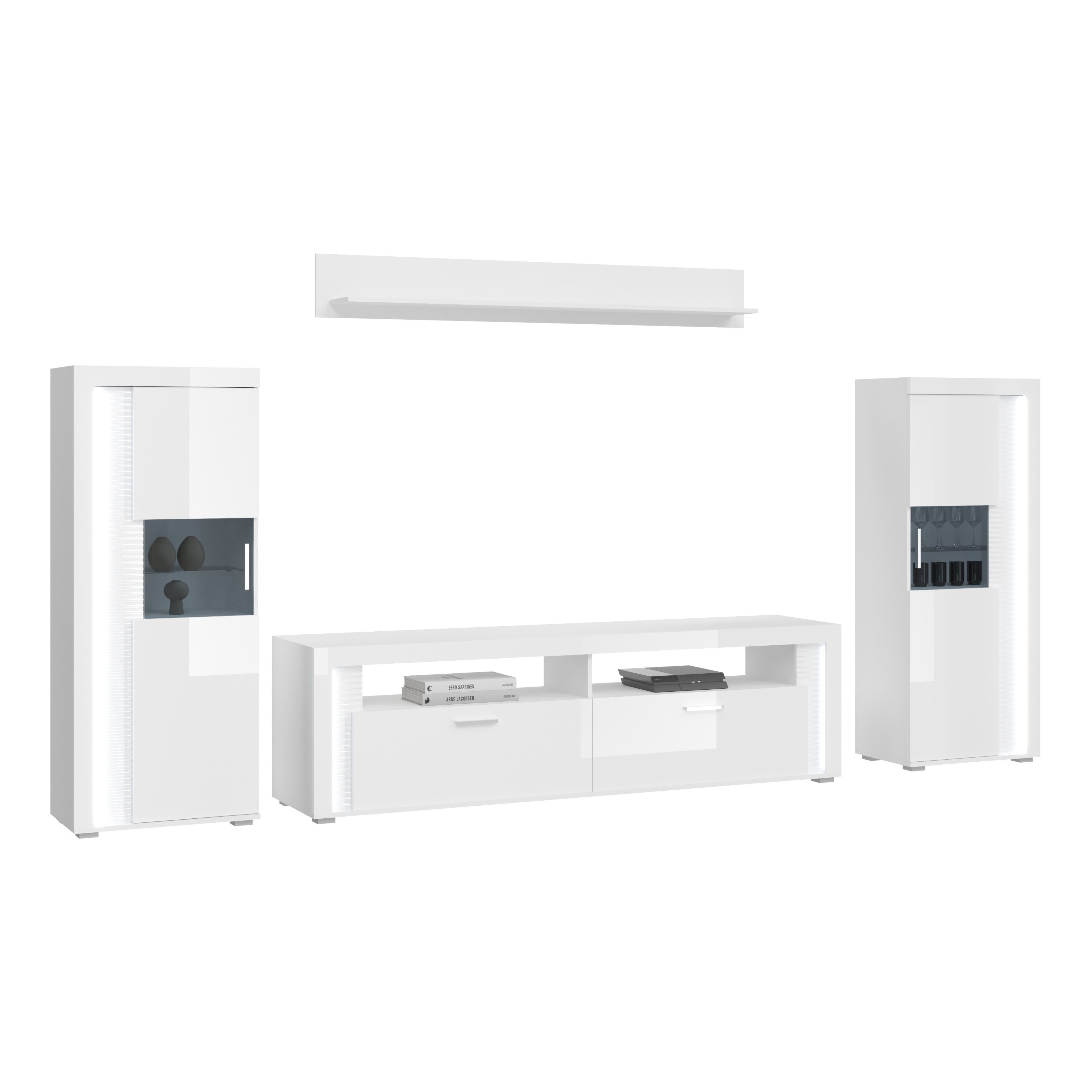 furnling Wohnzimmer-Set Stanley, (4-St., Lowboard, 2 halbhohe Vitrinen, Wandboard), Breite 351 cm, Hochglanz Front, Frontbeleuchtung, Wohnzimmermöbel