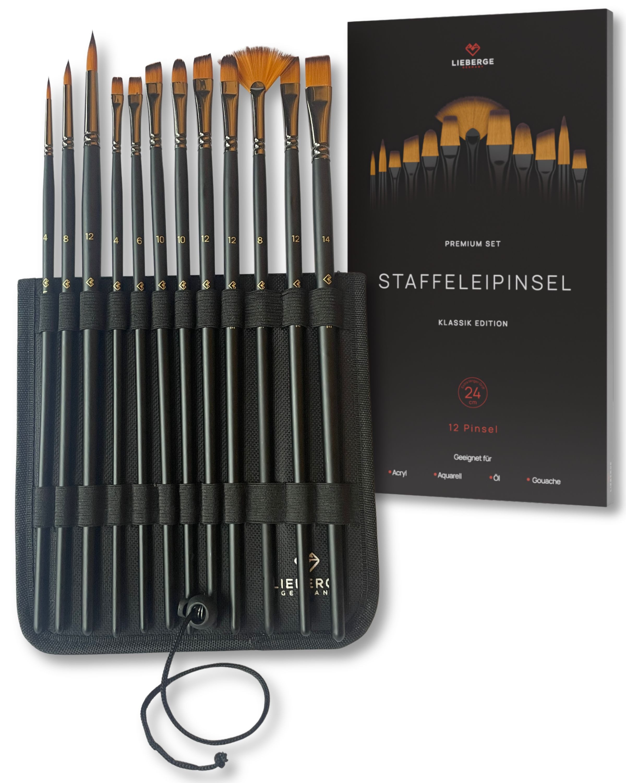 LIEBERGE Malpinsel Premium Set – 12 Langpinsel für Acryl, Aquarell, Öl, inkl. Präsenter, (Set, 12 St., Pinselpräsenter, Flachpinsel, Fächerpinsel, Rundpinsel, Schrägpinsel), langer Stiel, Synthetikhaar, vegan, hohe Farbaufnahme, Profis
