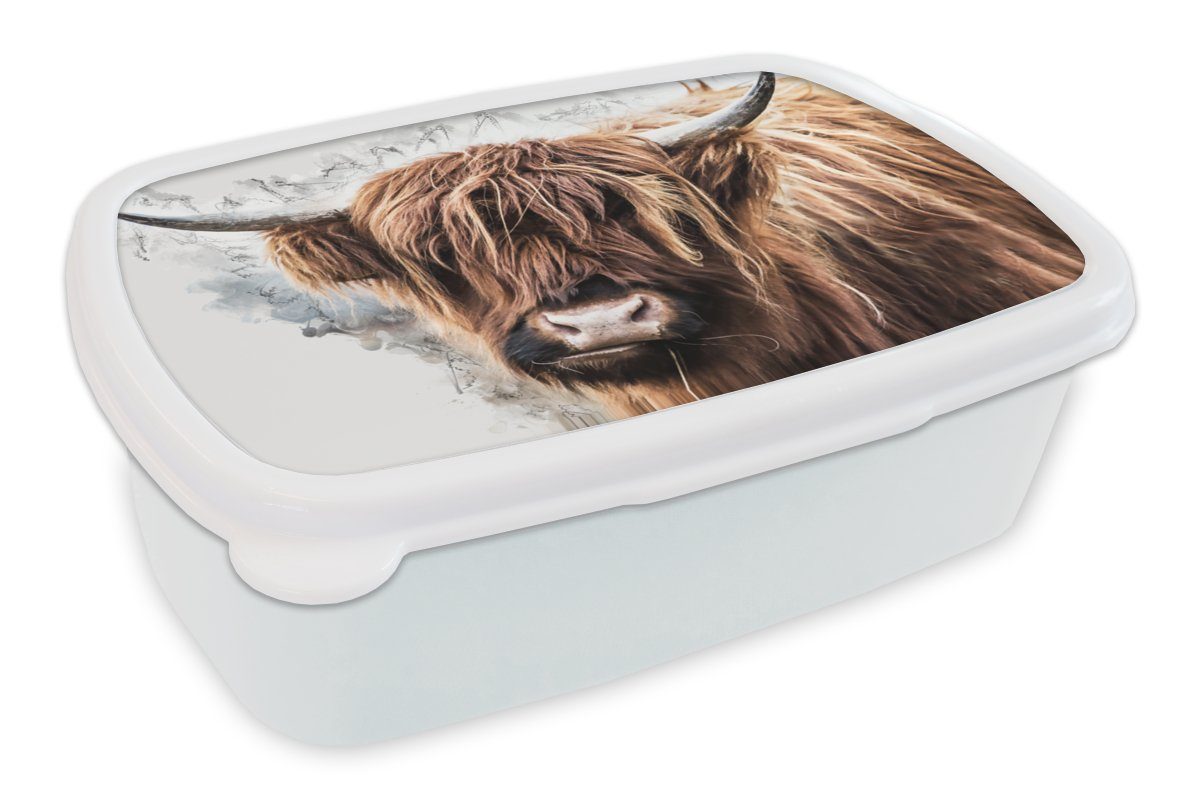 MuchoWow Lunchbox Schottischer Highlander - Tiere - Rauch, Kunststoff, (2-tlg), Brotbox für Kinder und Erwachsene, Brotdose, für Jungs und Mädchen weiß