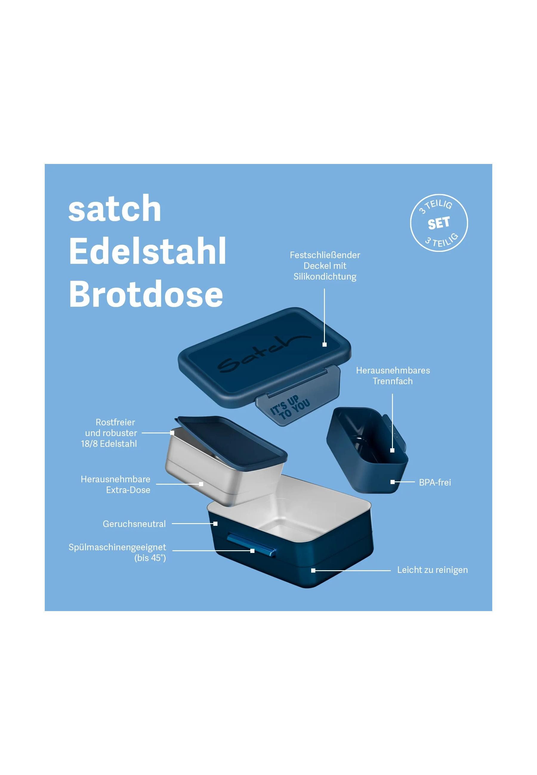 Satch Lunchbox Edelstahl Brotdose ., Edelstahl, (Edelstahl Brotdose, 3-tlg., 1x Brotdose, 1x Trennfach), spülmaschinengeeignet