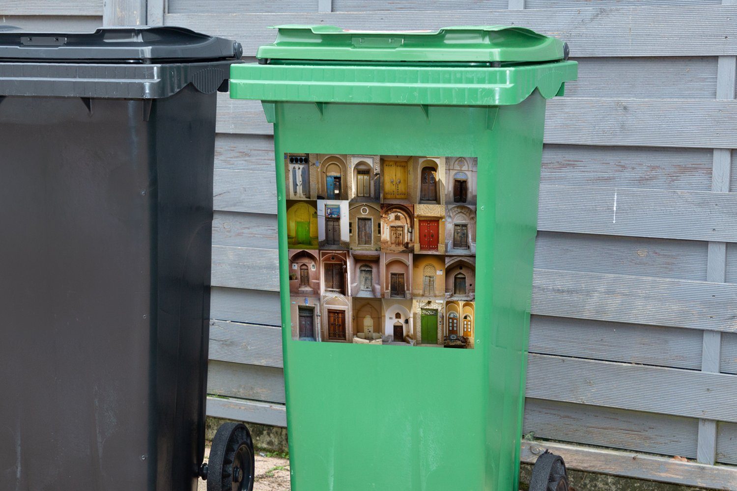 MuchoWow Wandsticker Architektur - Vintage Mülltonne, - Container, Sticker, (1 - Farbenfroh St), Abfalbehälter Collage - Türen Mülleimer-aufkleber
