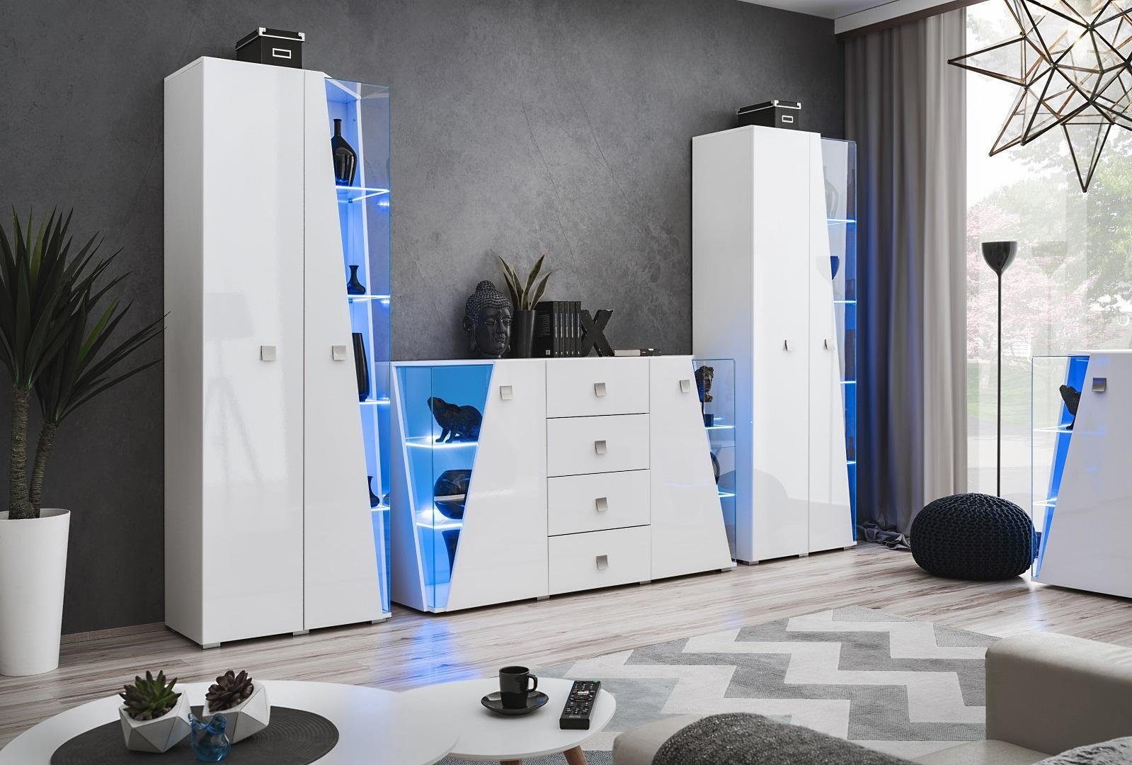 Luxus Weiß 2x Kommode Möbel, Vitrine Modern Holz Set (3-St) Wohnzimmer-Set Wohnwand JVmoebel