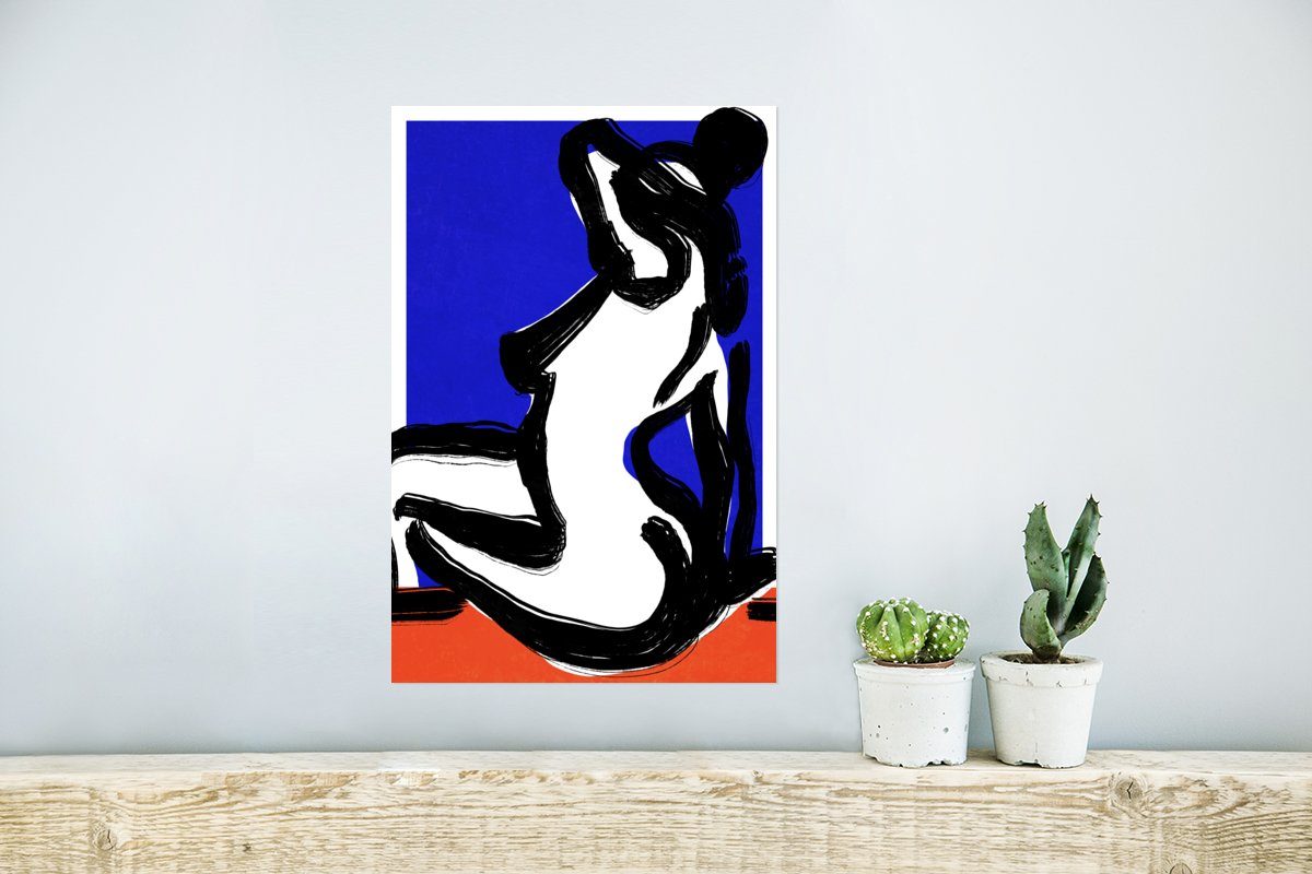 Frau, - Abstrakt Blau Poster - (1 Wohnzimmer, Porträt Rot Poster, St), Wandbild, MuchoWow für Rahmen - - Ohne Wandposter