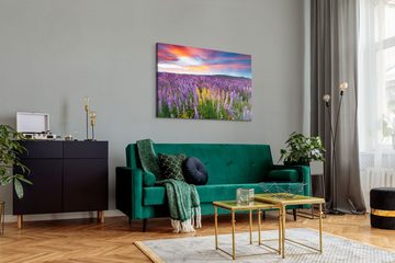 Sinus Art Leinwandbild 120x80cm Wandbild auf Leinwand Lila Blumen Blumenwiese Landschaft Berg, (1 St)