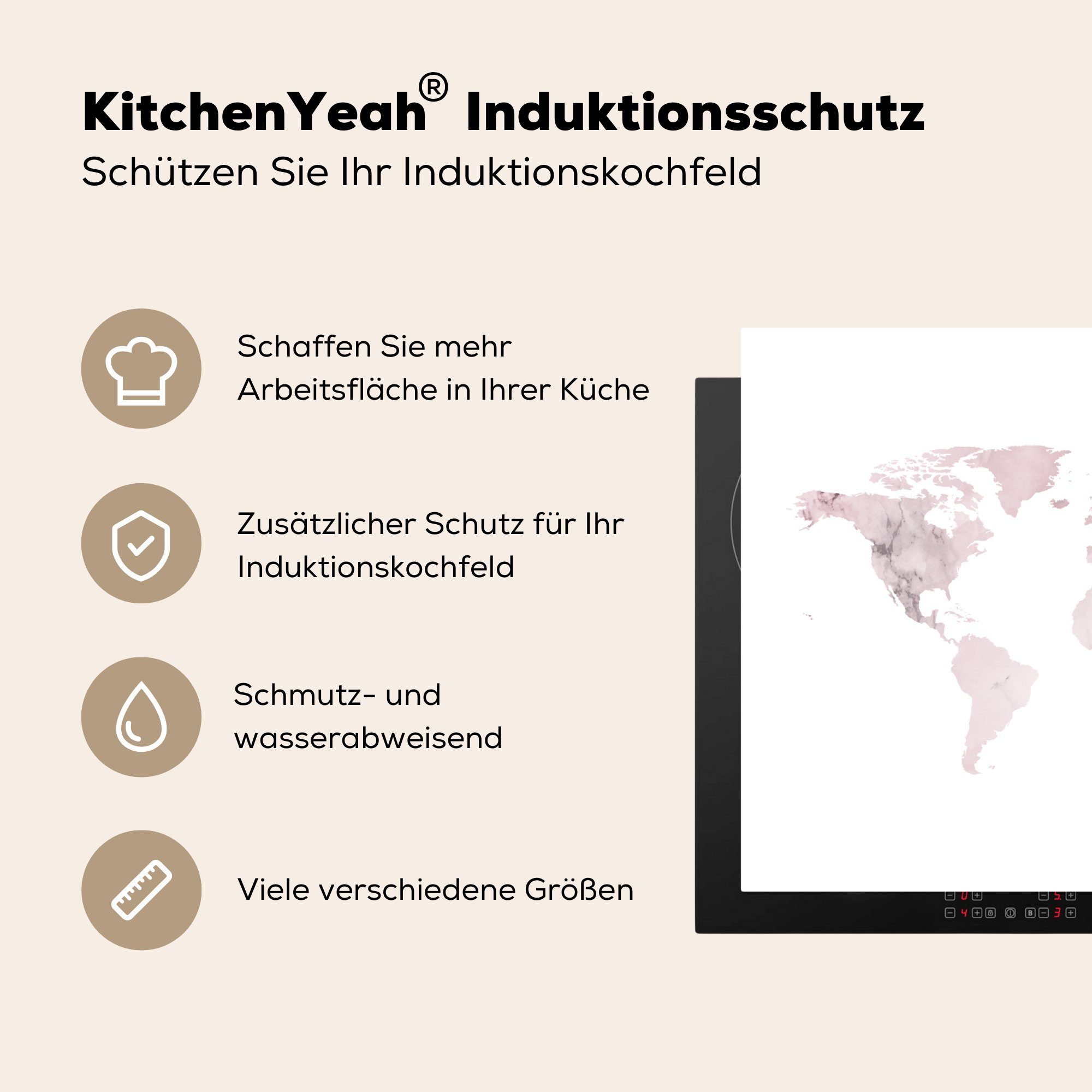 MuchoWow Induktionskochfeld 71x52 - tlg), die Ceranfeldabdeckung Weltkarte cm, Marmor, Vinyl, Schutz für (1 Rosa küche, - Herdblende-/Abdeckplatte