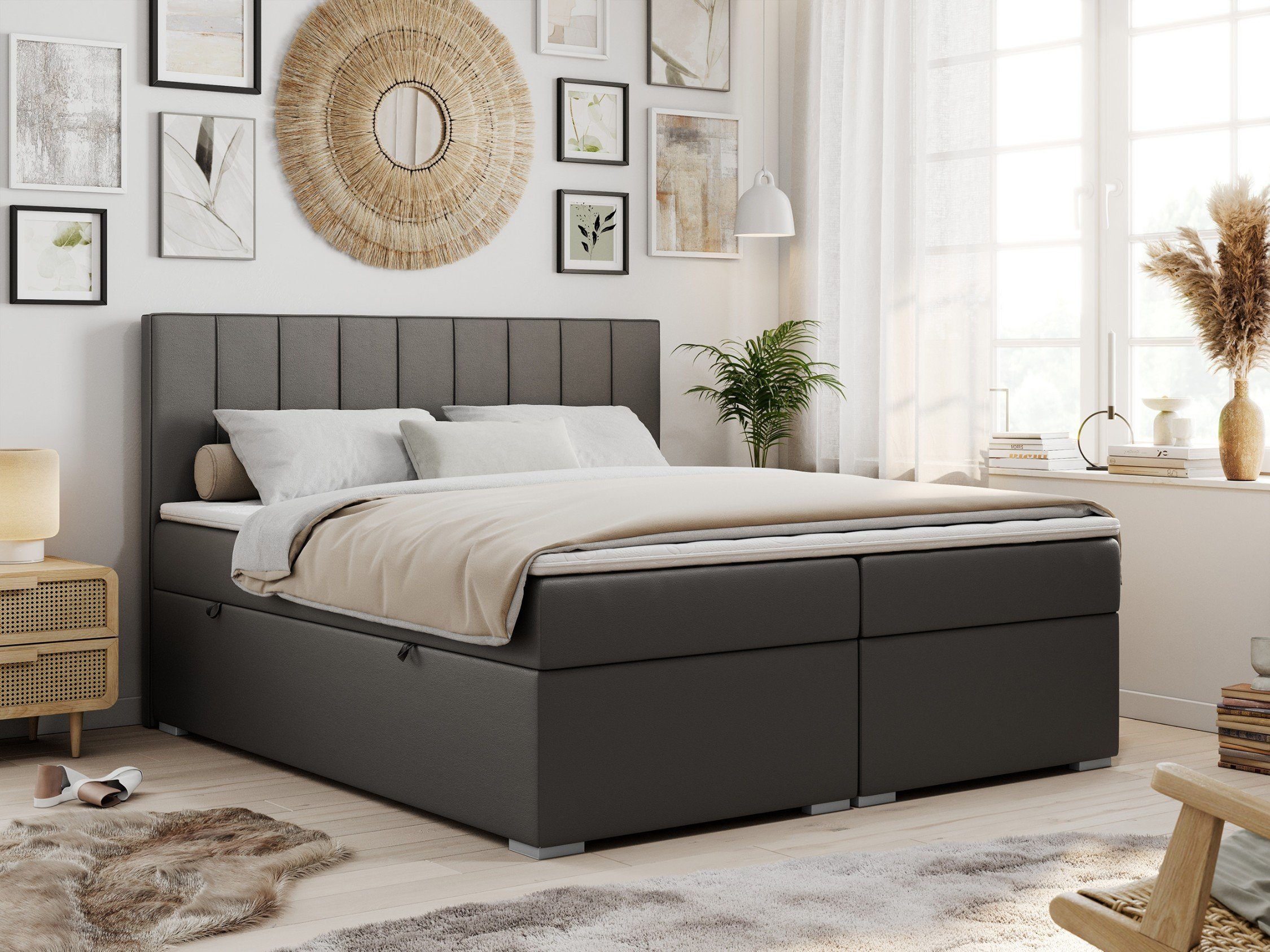 MKS MÖBEL Boxspringbett ALLY (Set, Packung, T30-Schaum, gepolsterte Kopfstütze, Topper T25/Visco, 7 Härtezonen), Doppelbett mit Multipocket-Matratzen, Praktisch Polsterbett