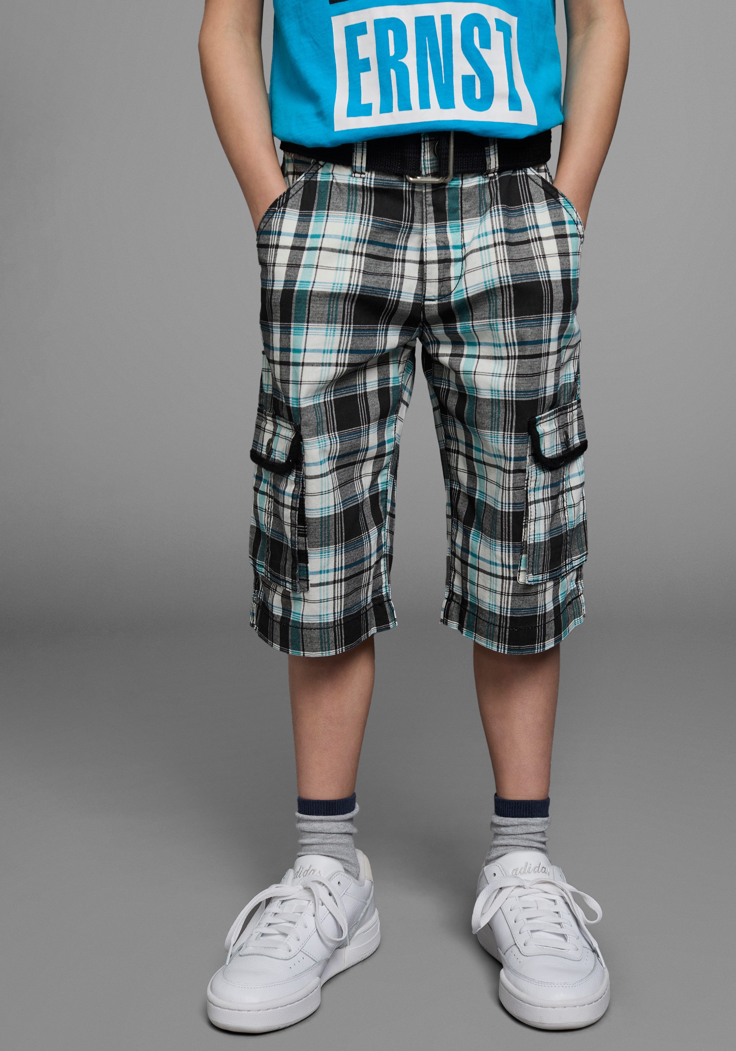 Shorts 2tlg. Bermudas mit Gürtel, Karierte Cargo-Bermudas