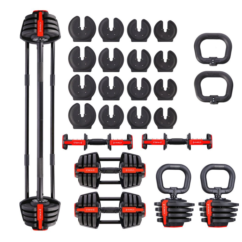 HMS Hantel-Set Kurzhanteln Langhantel Kugelhanteln, (Spar-Set, 110 cm lang verstellbar), 3in1 Langhantel Kurzhantel Kettlebell, 12 Stufen