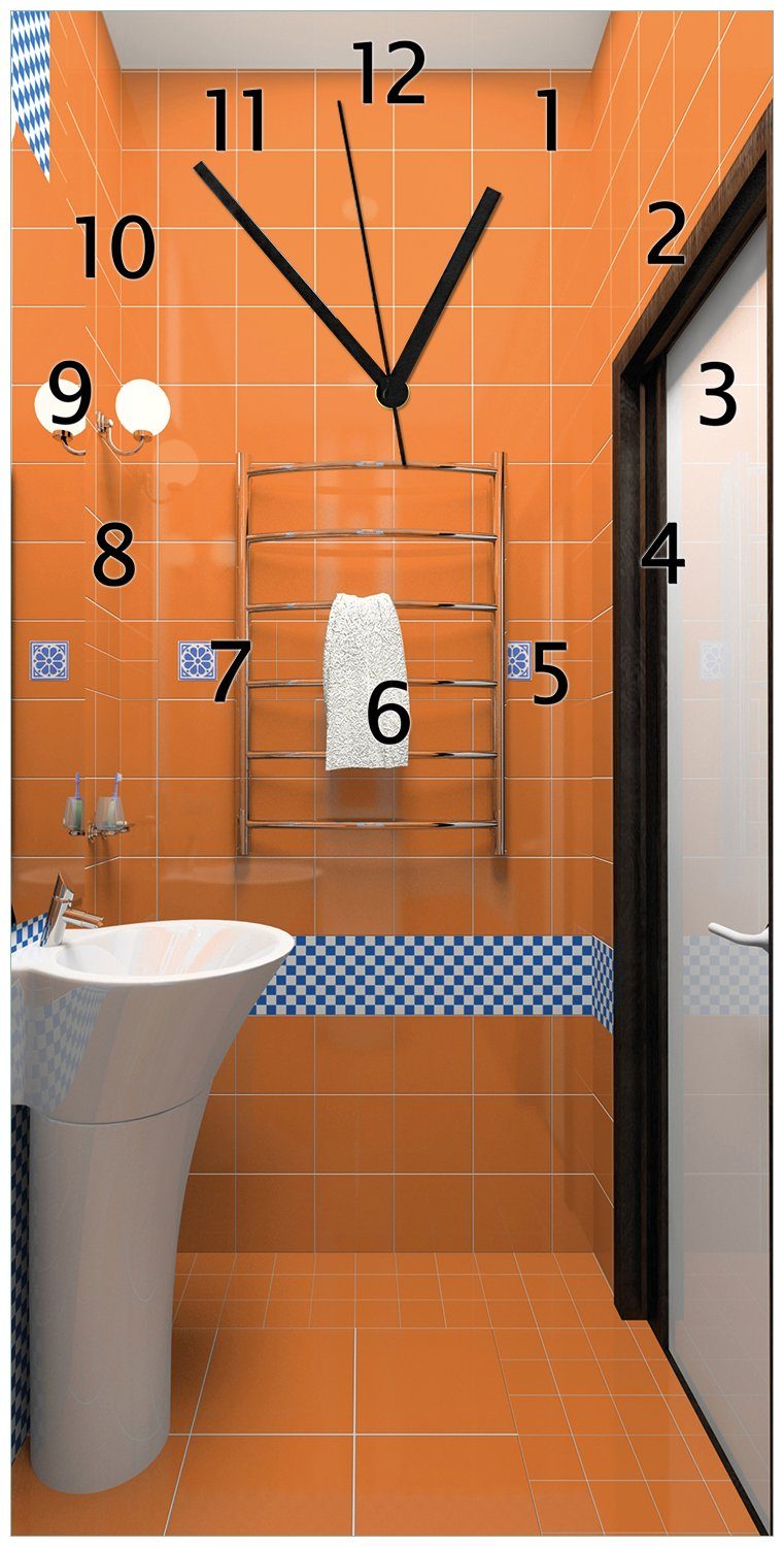 Wallario Wanduhr Modernes Badezimmer in orange mit blauen Fliesen (Uhr aus Acryl)