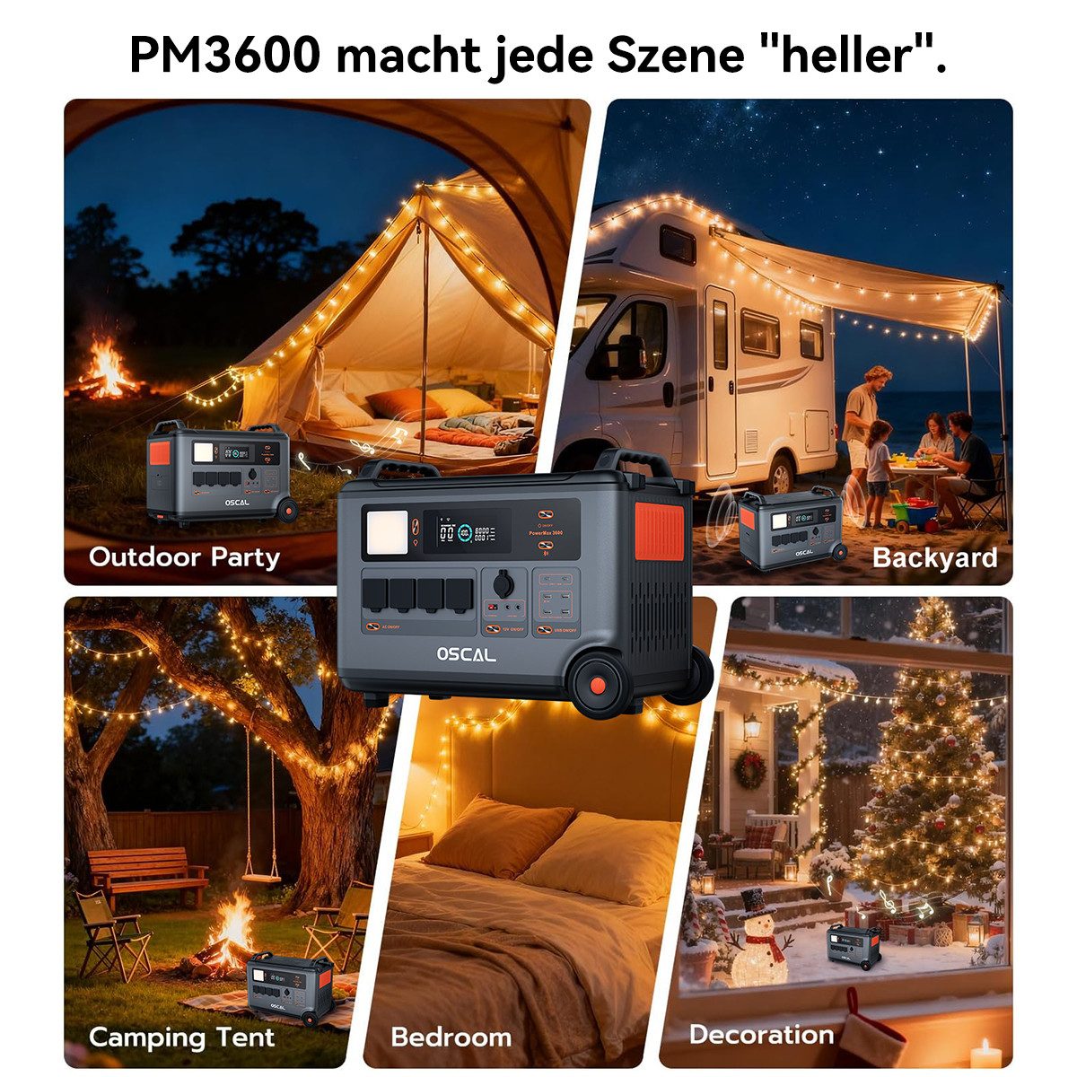 OSCAL Stromerzeuger PowerMax 3600SE Powerstation, 3600W/3600Wh, für Zuhause & Outdoor, 3,60 in kW, 3600Wh, 14 Ausgänge, LED-Licht, LiFePO4 Solarspeicher
