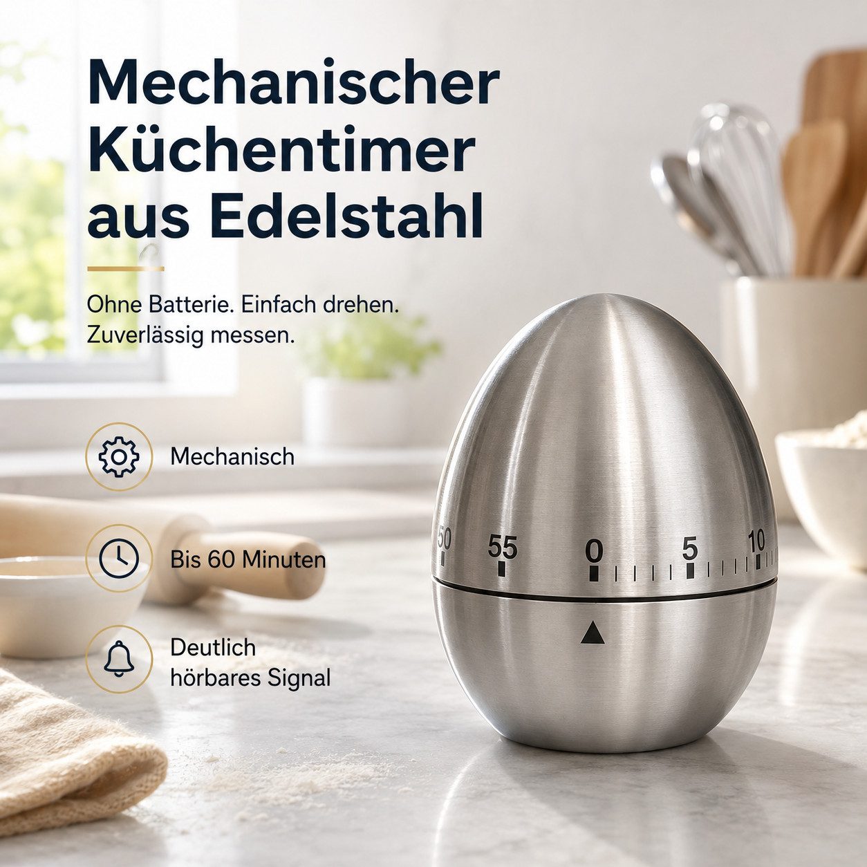Fyrove Intervall-Timer Mechanische batterielose Edelstahl 60 Min Timer Küche Werkzeug (Set, mechanische Rotation, keine Batterie erforderlich), Timer, Küchentim – Bild 2 von 5