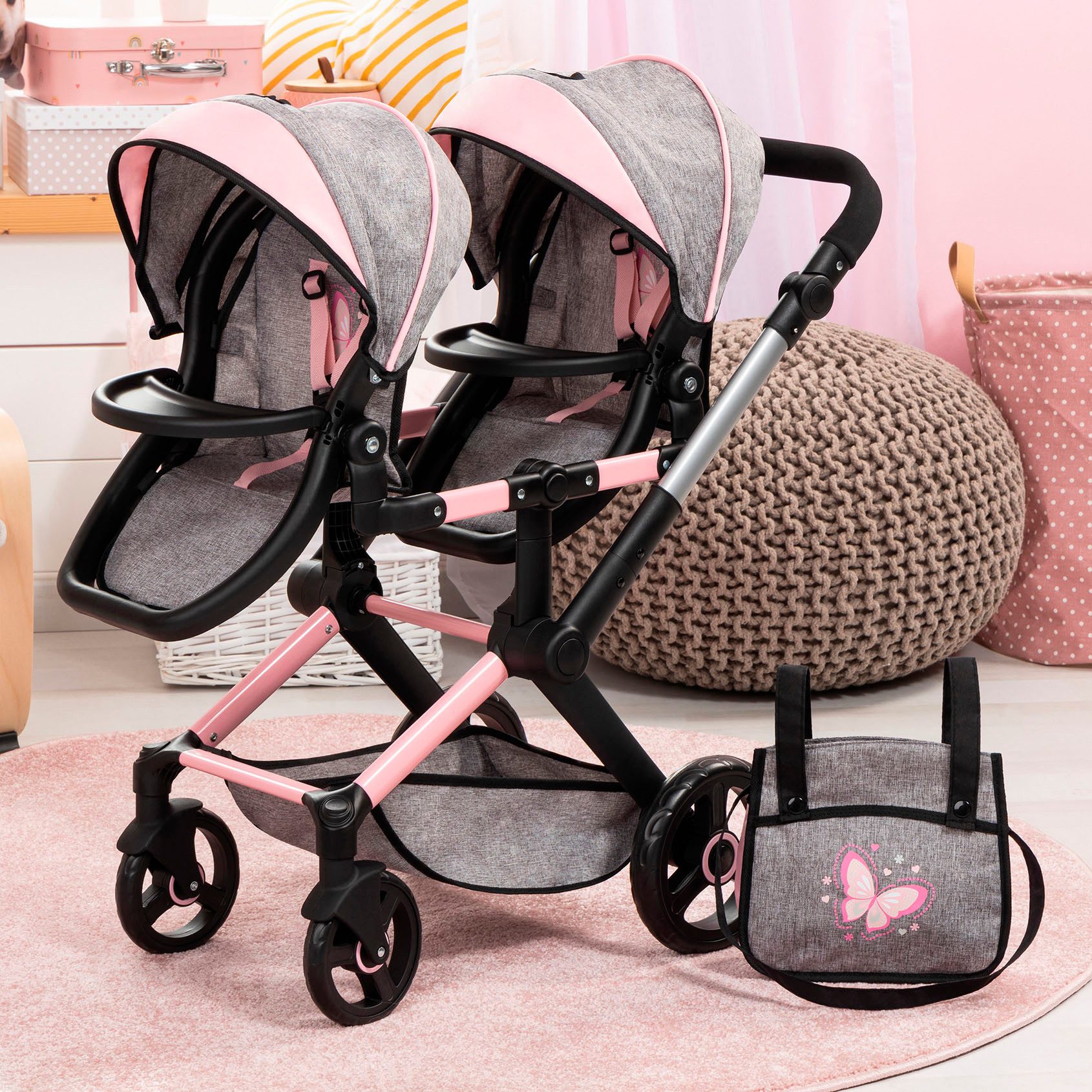 Bayer Puppen-Zwillingsbuggy Xeo Twin grau/rosa, mit Wickeltasche günstig online kaufen