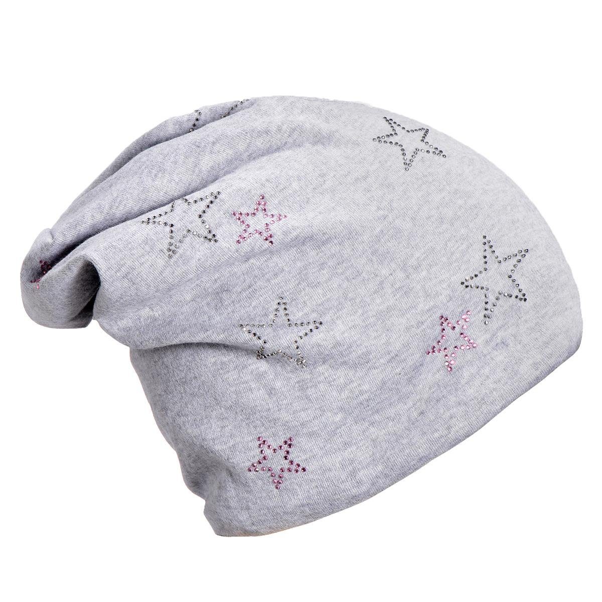 Slouch Beanie Strass- 1-St) Damen DonDon Wintermütze, mit Beanie Teddyfleece (Packung, Sternenprint, Pailletten-, rosa-hellgrau mit Print oder