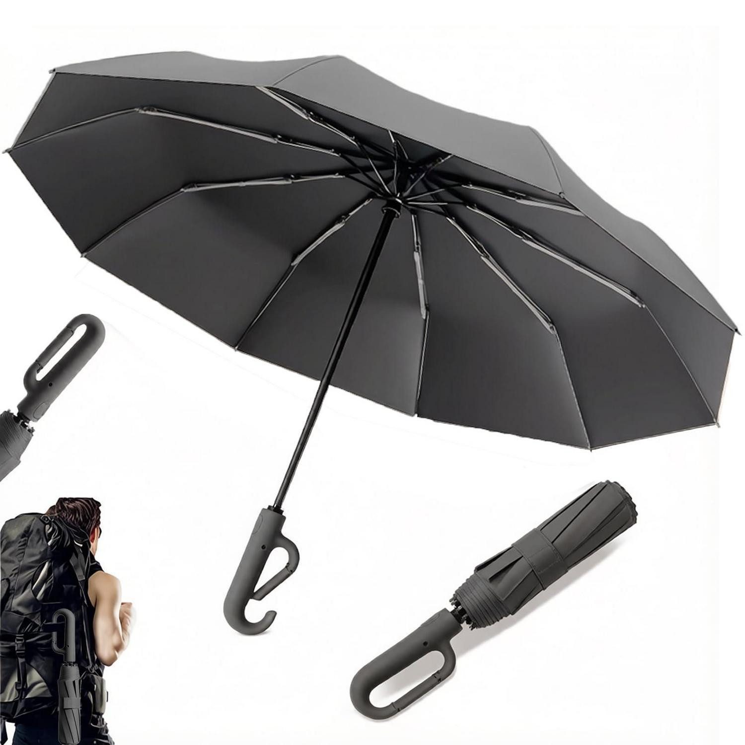 LuxusKollektion Taschenregenschirm Mini Taschenschirm UV-Schutz Schwarz Automatik 10 Rippen