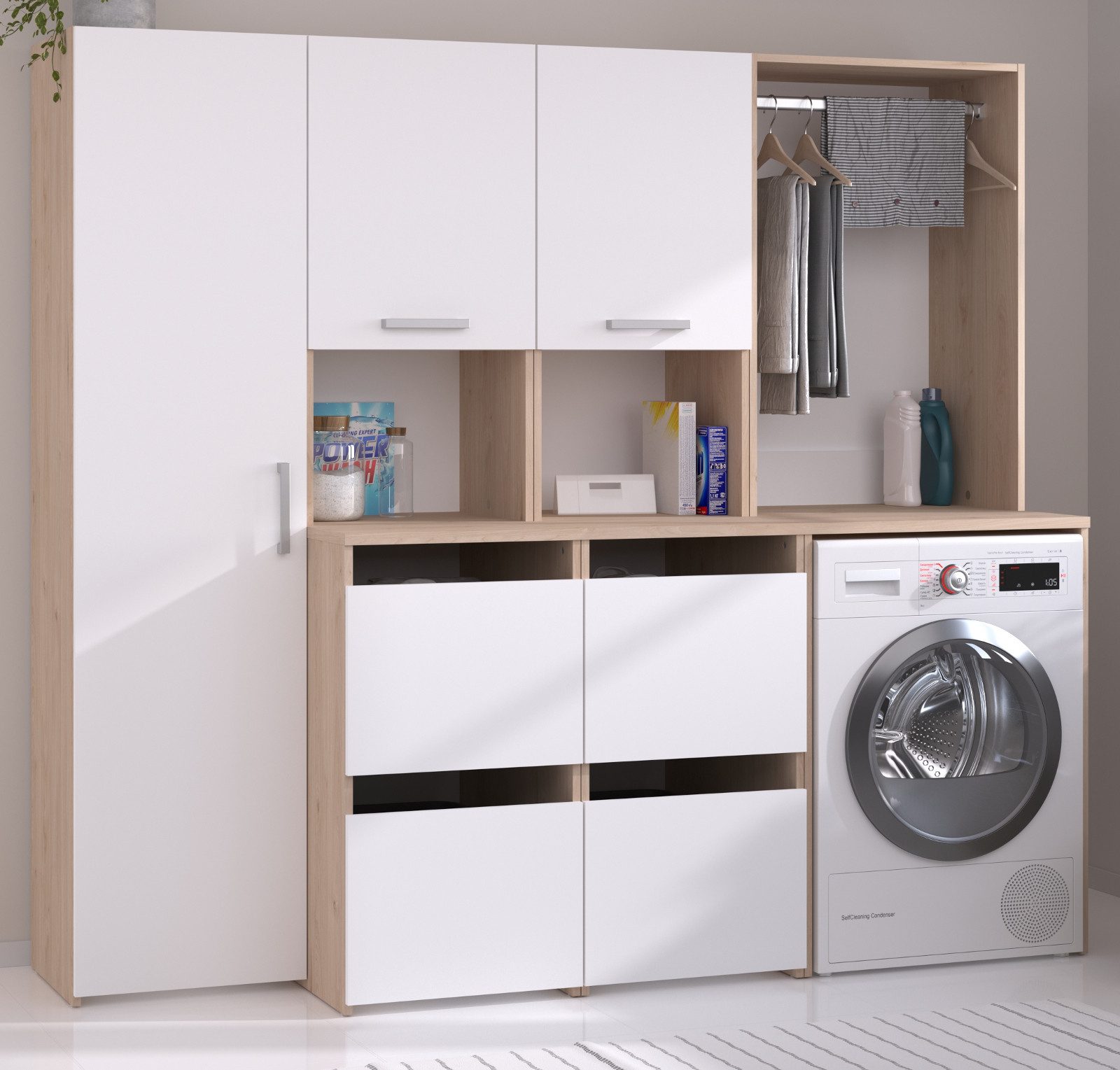 Parisot Waschmaschinenumbauschrank Laundry (Set 3-teilig mit Hochschränken, in weiß und Eiche, Breite 204 cm) mit viel Stauraum