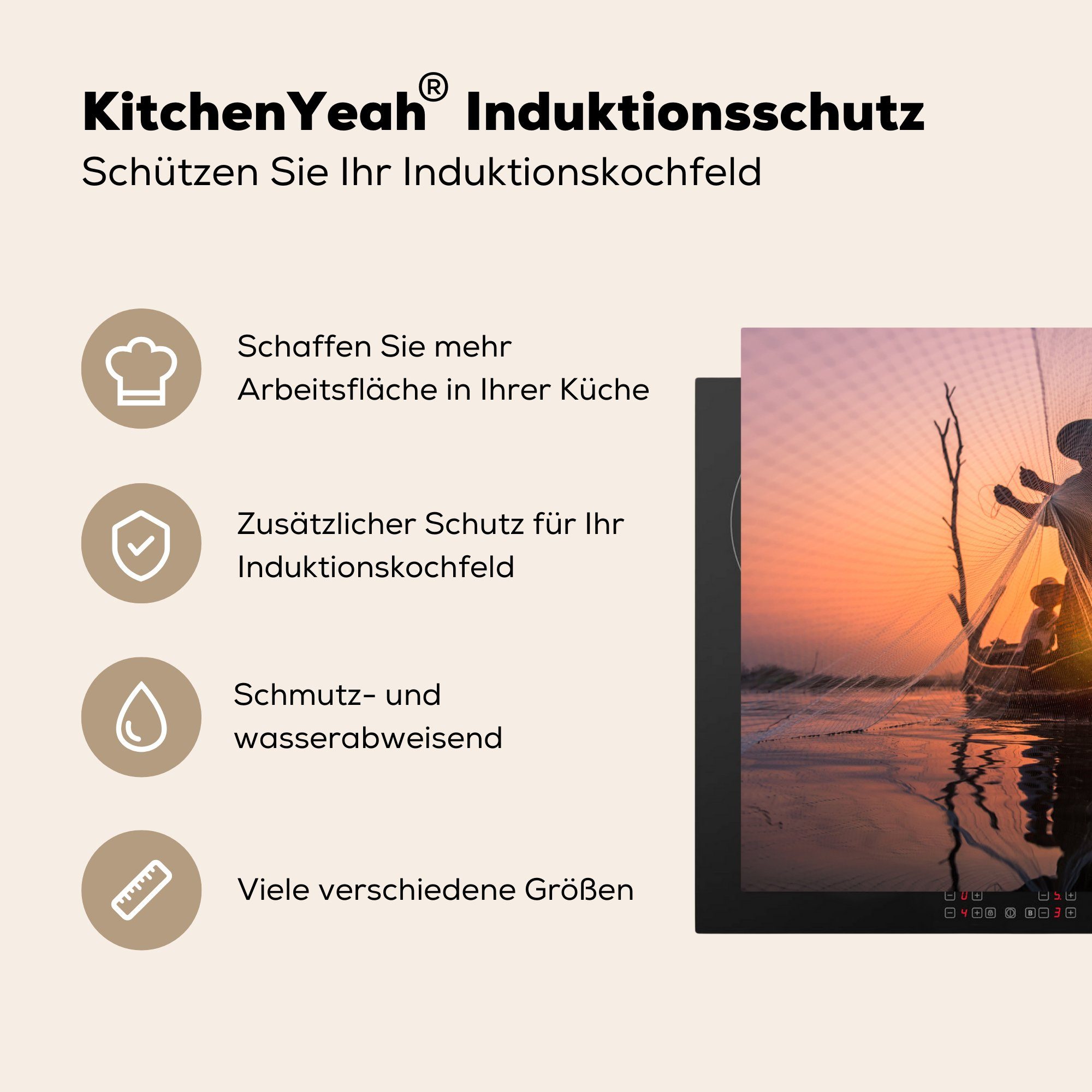 MuchoWow Herdblende-/Abdeckplatte Fischer für Schutz (1 Induktionskochfeld Vinyl, Ceranfeldabdeckung küche, bei tlg), cm, die 81x52 Sonnenuntergang