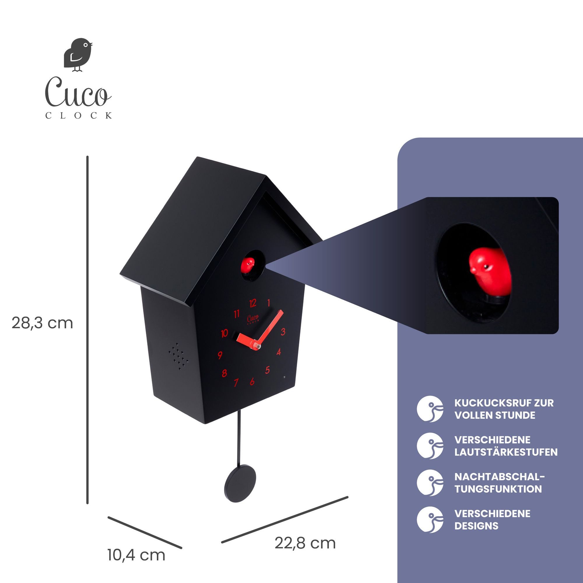 Cuco Clock Wanduhr Kuckucksuhr REIHENHAUS mit Pendeluhr Wanduhr, Moderne Schwarzwalduhr (28,3 × 22,8 × 10,4cm, mit Nachtruhefunktion, Vogelgezwitscher) – Bild 2 von 5