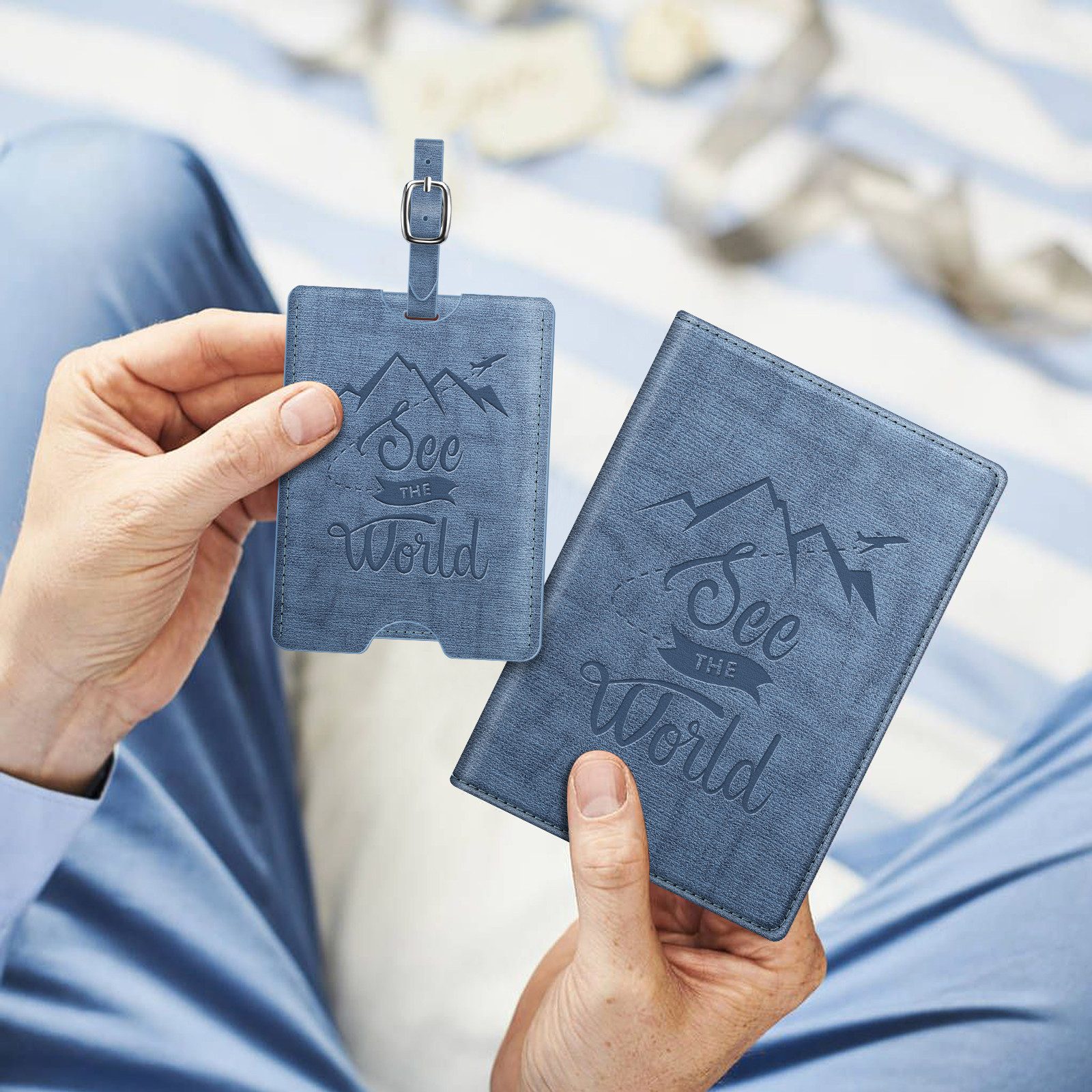 Fintie Mini Geldbörse Reisepasshülle und Gepäckanhänger Set, Reisepass Impfpass Hülle, mit RFID Blockier, Kofferanhänger mit Adressschild für Koffer