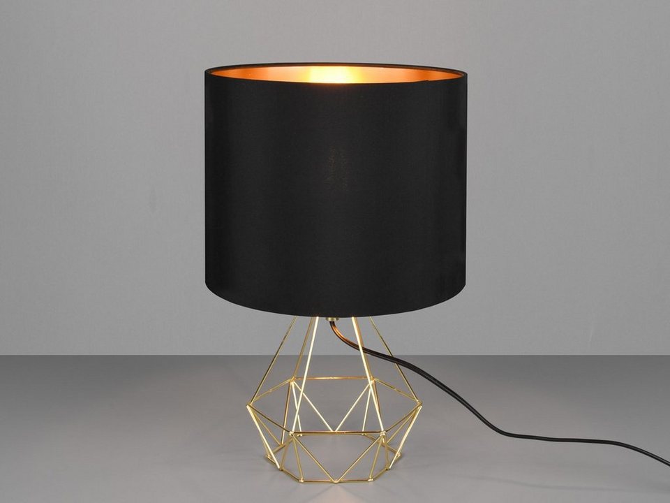 meineWunschleuchte Nachttischlampe, ohne Leuchtmittel, Industrie-Design  Gitter-Lampe mit Stoff-Lampenschirm schwarz gold