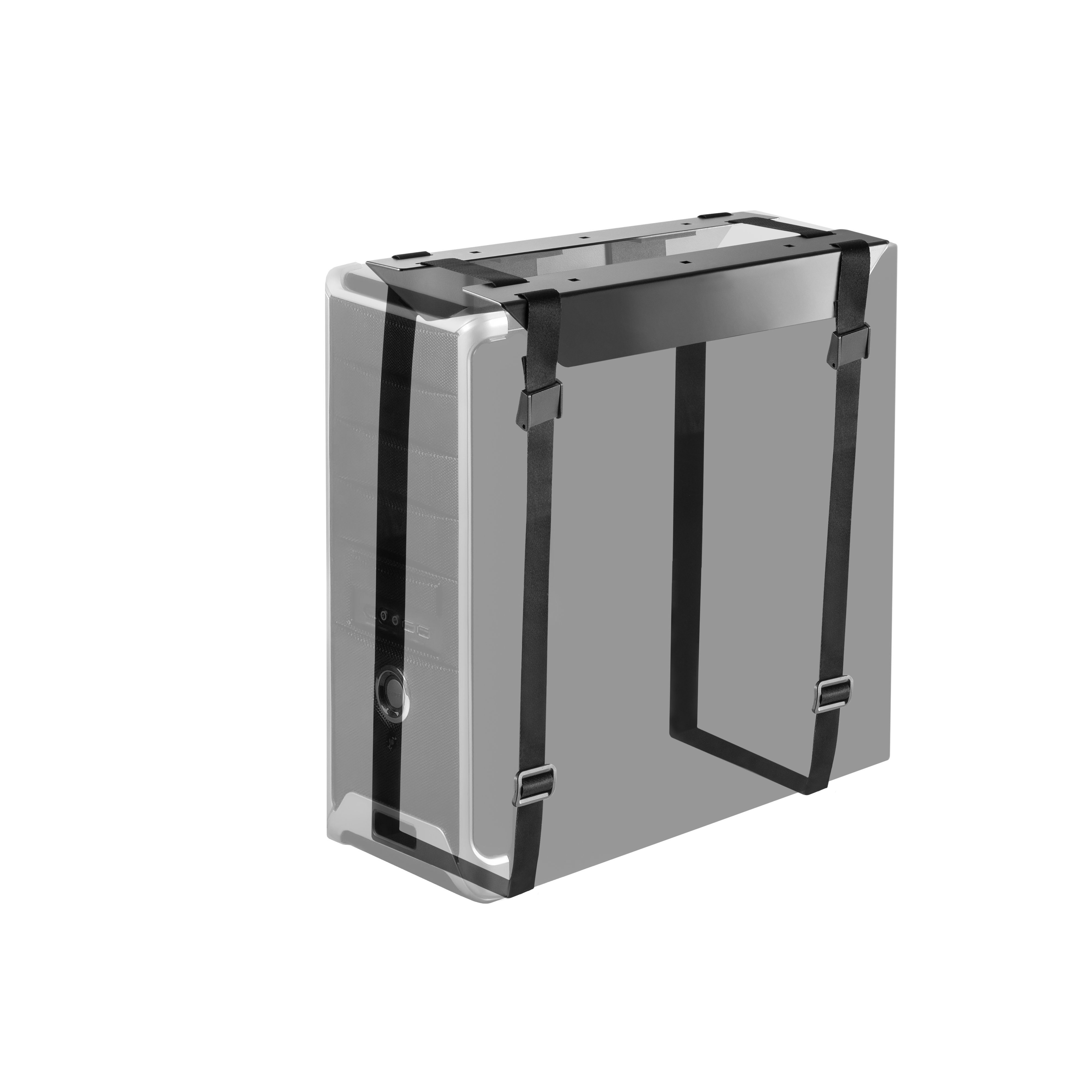 RICOO Halterung Rechner Halterung zur Untertisch-Montage TRH-11, (horizontale oder vertikale Befestigung, 1-tlg., max. bis 10kg belastbar, Breite und Höhe einstellbar, PC Halter unter Schreibtisch Computer Gurtsystem Rechner verstellbar)