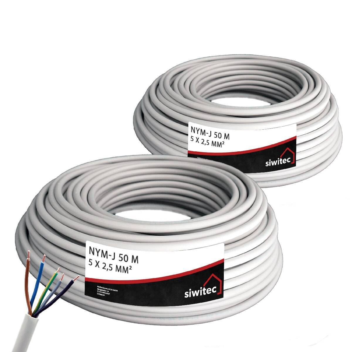 siwitec NYM-Kabel, 3x1,5, 3x2,5, 5x1,5, 5x2,5, 50m, 100m (2x50m Ring) Stromkabel, NYY-Kabel, (10000 cm), Universell einsetzbar, 5-adrig, Polyvinylchlorid, Made in Germany