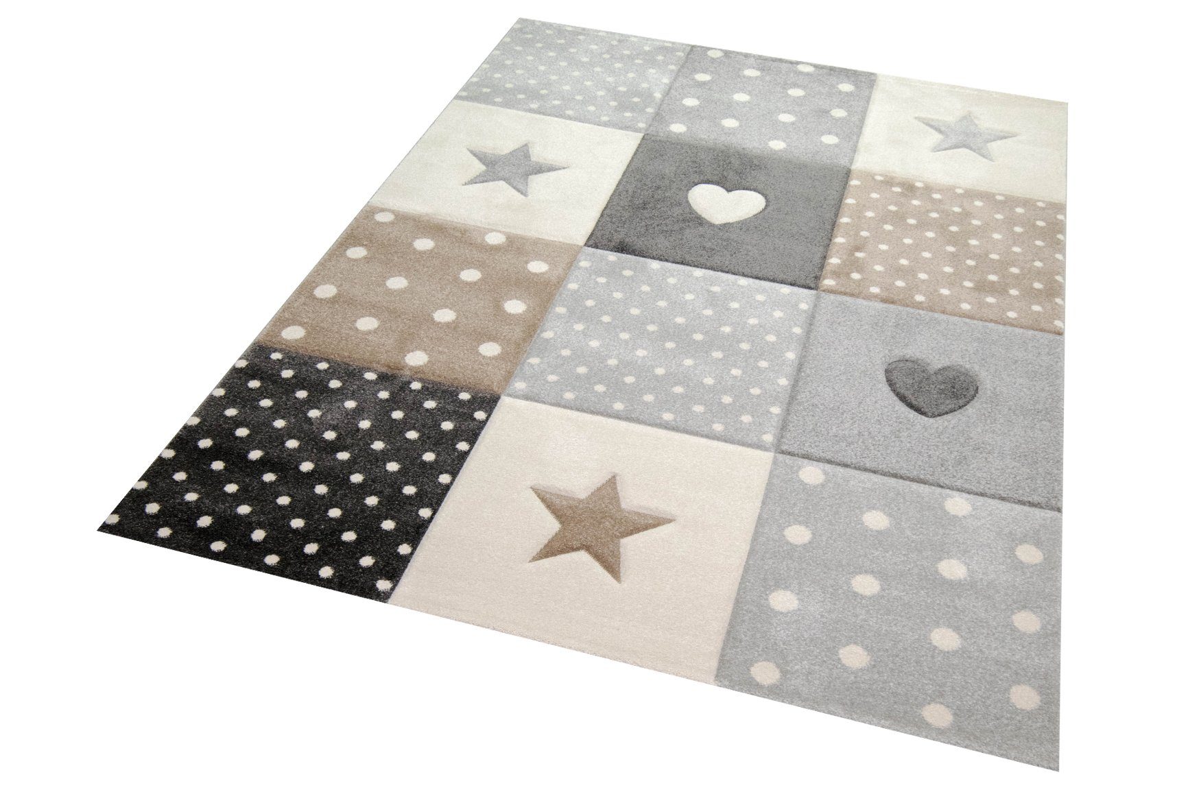 Carpetia Kinderteppich Kinderteppich Kinderzimmer Punkte Herz Stern Design braun beige grau, rechteckig, Höhe: 13 mm