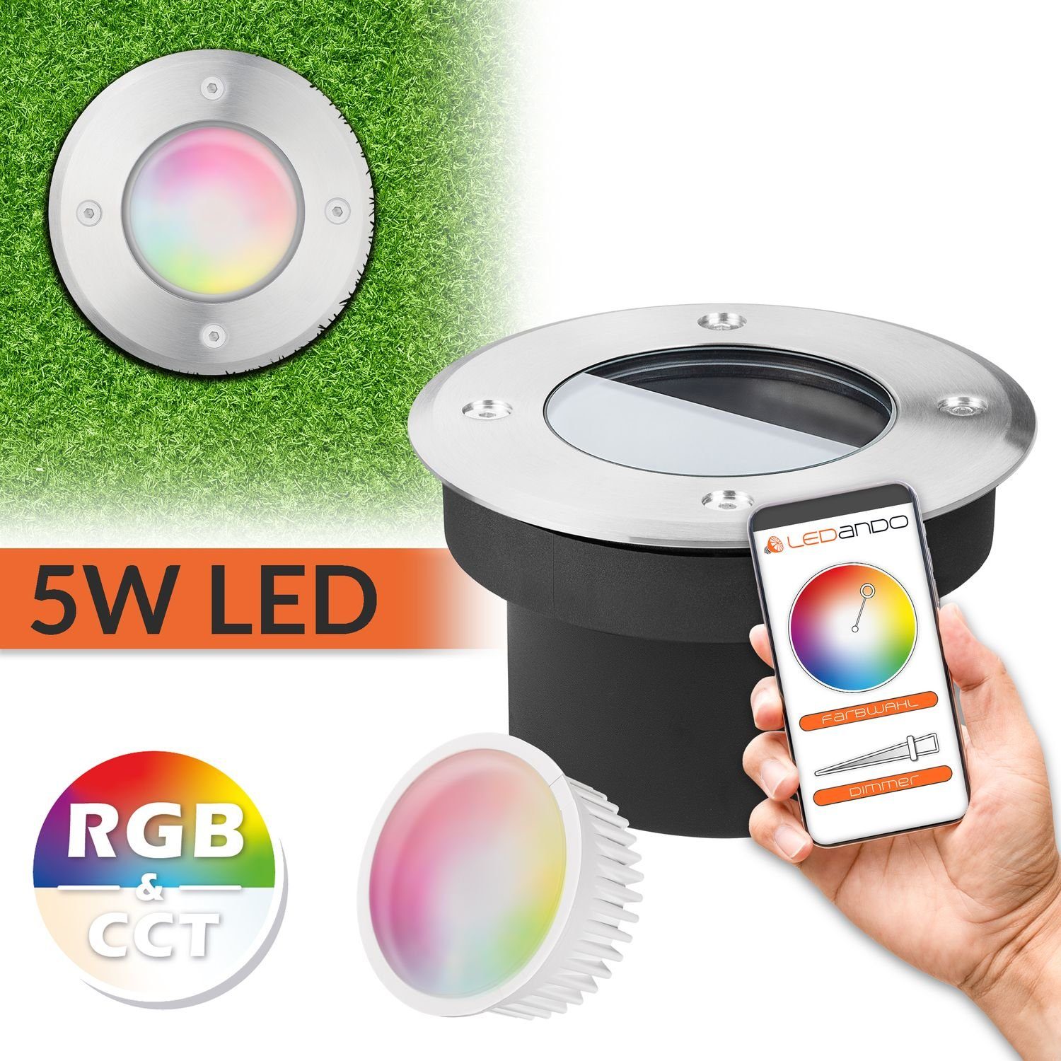 LEDANDO LED Einbaustrahler LEDANDO WiFi LED Bodeneinbaustrahler - silber -  rund - RGB CCT - IP67