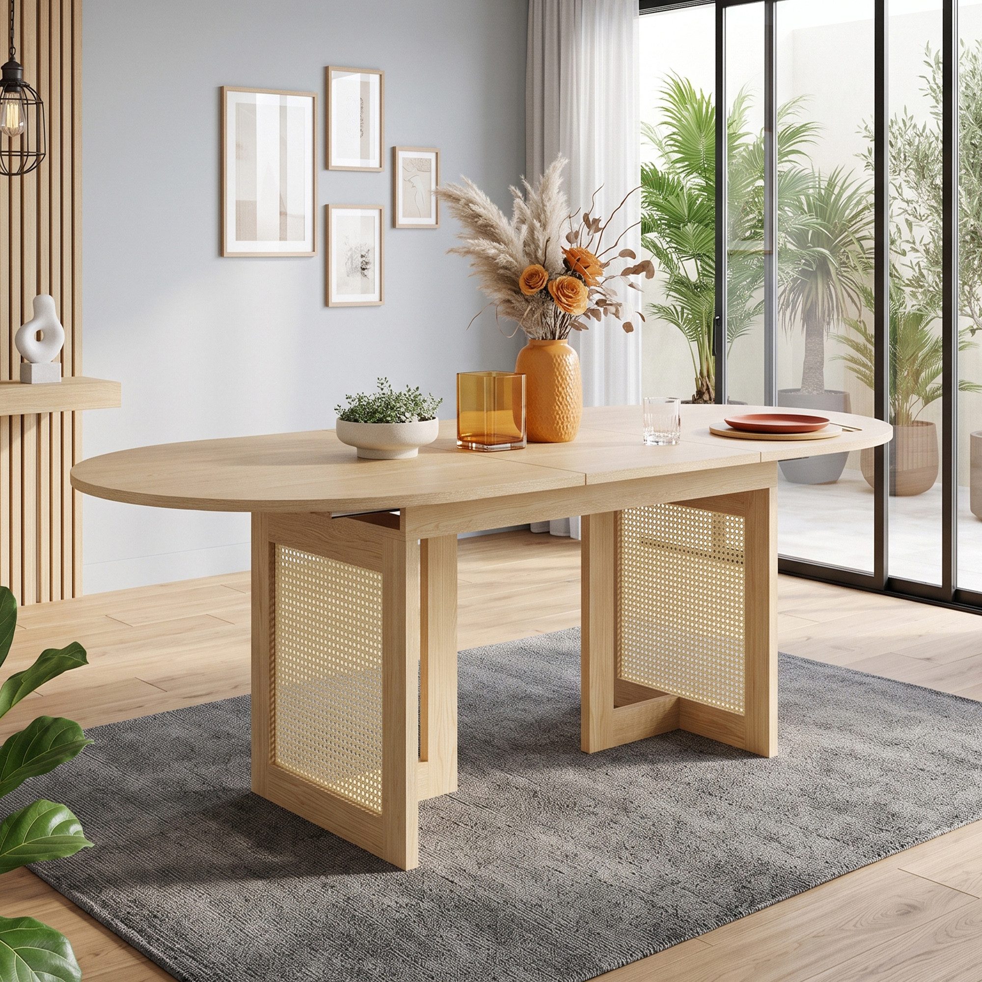 Flieks Esstisch ausziehbare Tischplatte in Holzoptik, Tischbeine aus Rattan (Verstellbare Länge 120-160/T80/H75 cm, 1-St., 1 Tisch), ovaler Küchentisch erweiter – Bild 4 von 5