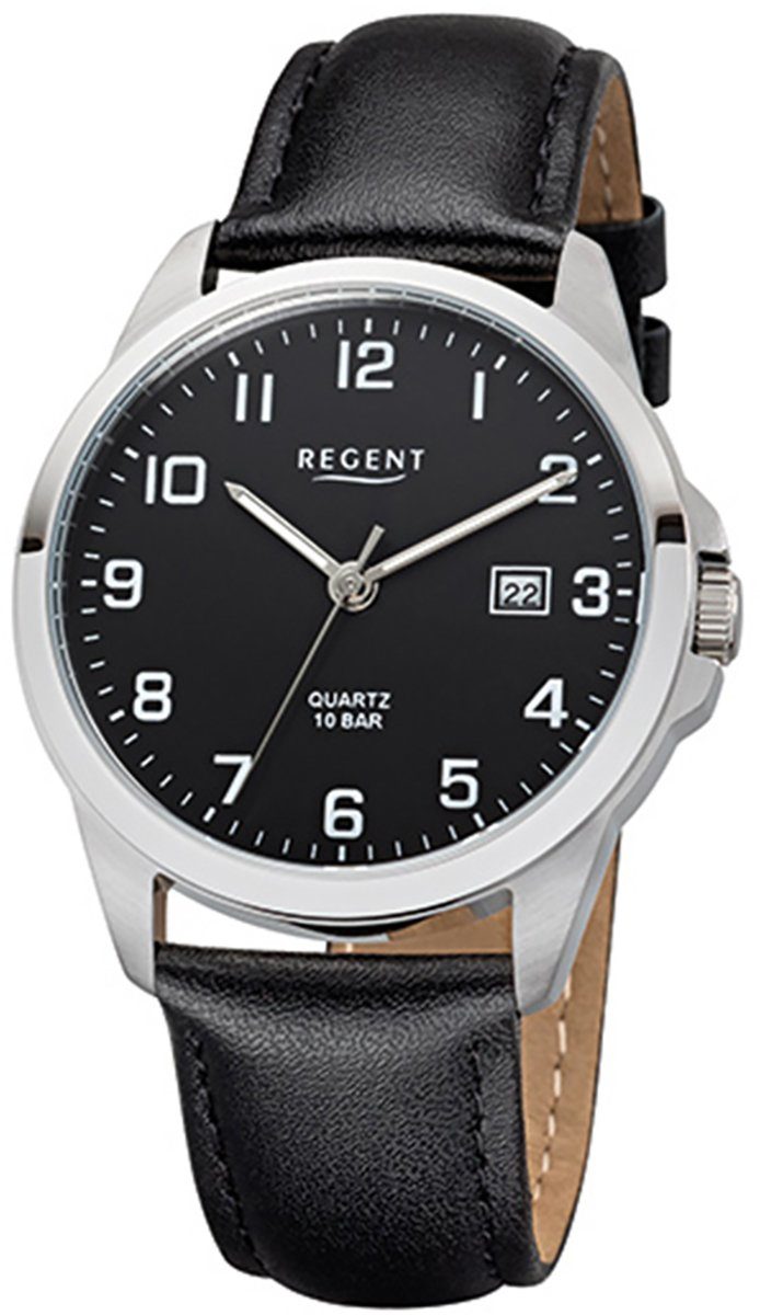Regent Quarzuhr Regent Herren-Armbanduhr schwarz Herren 39mm), (ca. rund, Armbanduhr mittel Lederarmband Analog