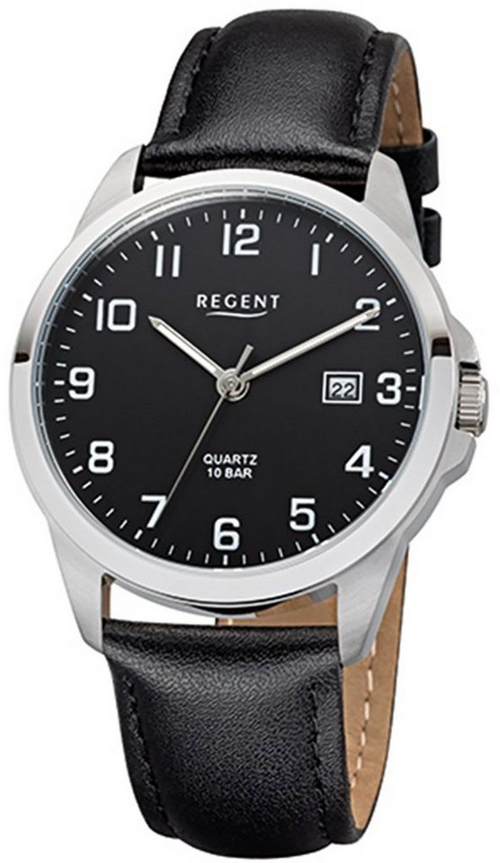 Regent Quarzuhr Regent Herren-Armbanduhr schwarz Analog, Herren Armbanduhr  rund, mittel (ca. 39mm), Lederarmband