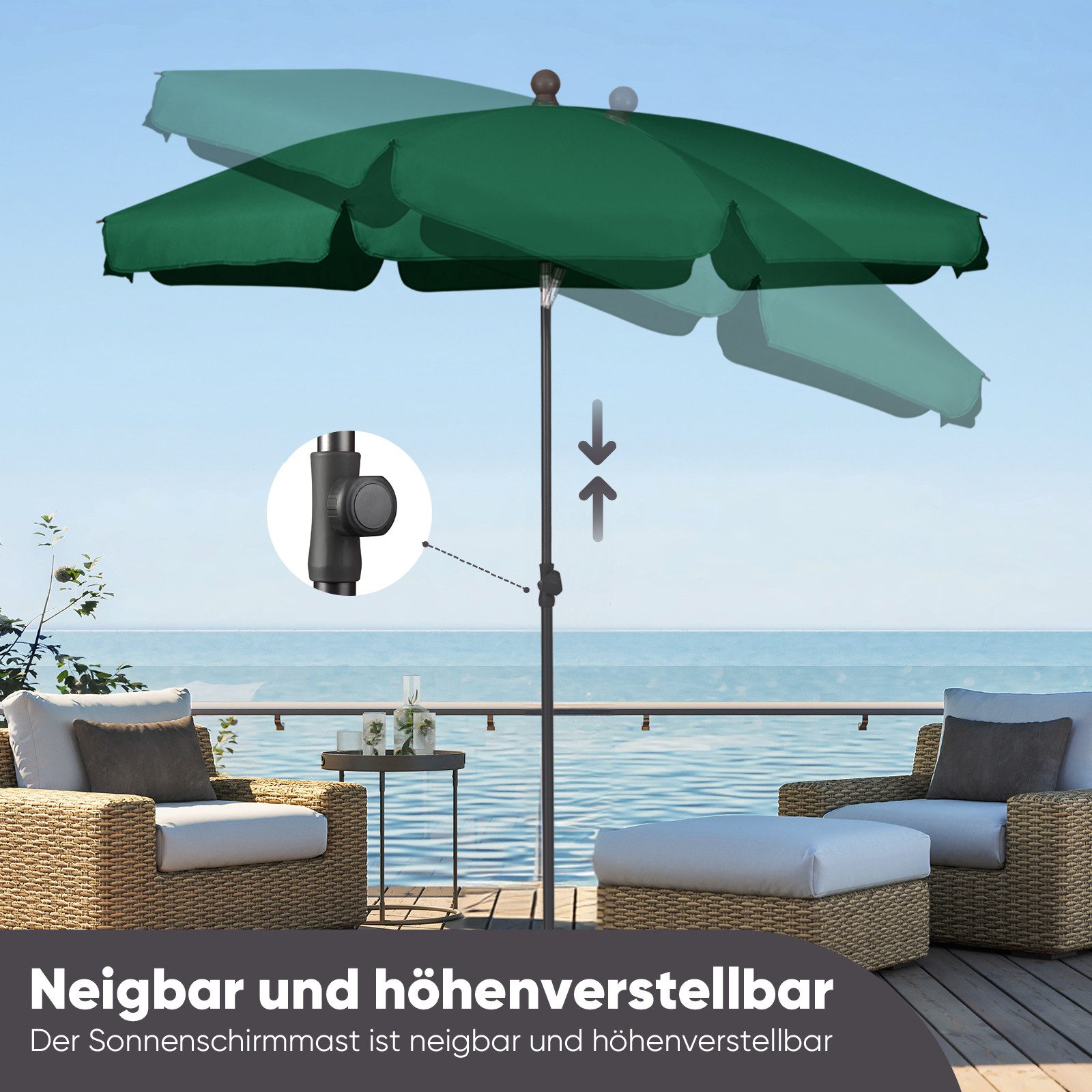 Sekey Balkonschirm 200cm Sonnenschirm Rund Gartenschirm Terrassenschirm mit UV-Schutz 50, Balkonschirm höhenverstellbar, Stabiler Sonnenschirm knickbar