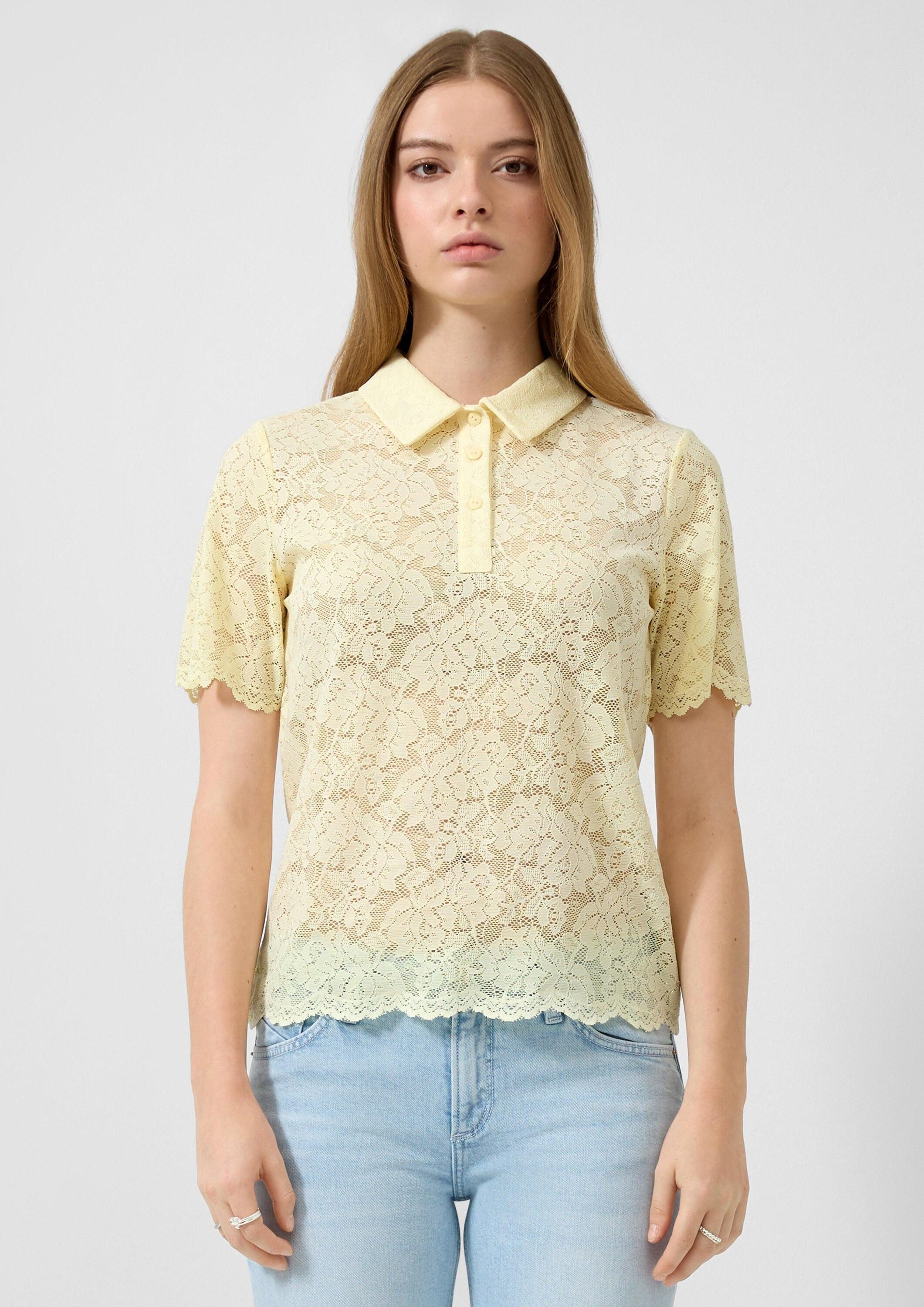 QS Kurzarmshirt T-Shirt Leicht transparentes Poloshirt aus Spitze
