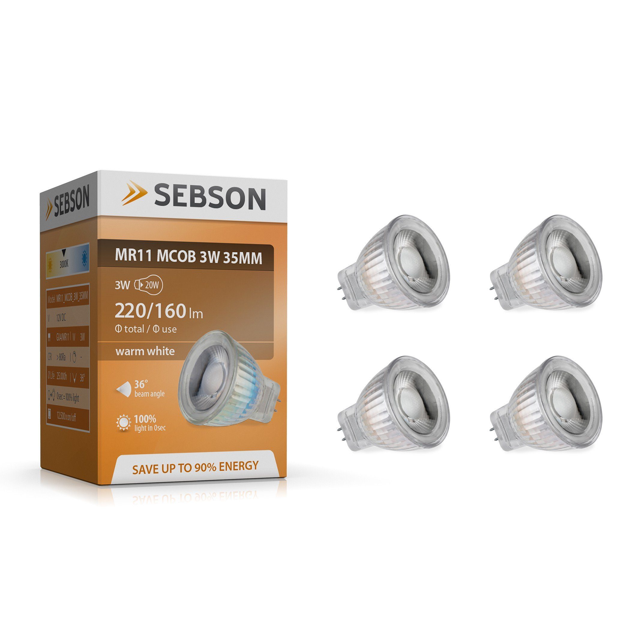 SEBSON LED-Leuchtmittel LED Lampe GU4/ MR11 warmweiß 3W Spotlight 12V ø35x4 günstig online kaufen