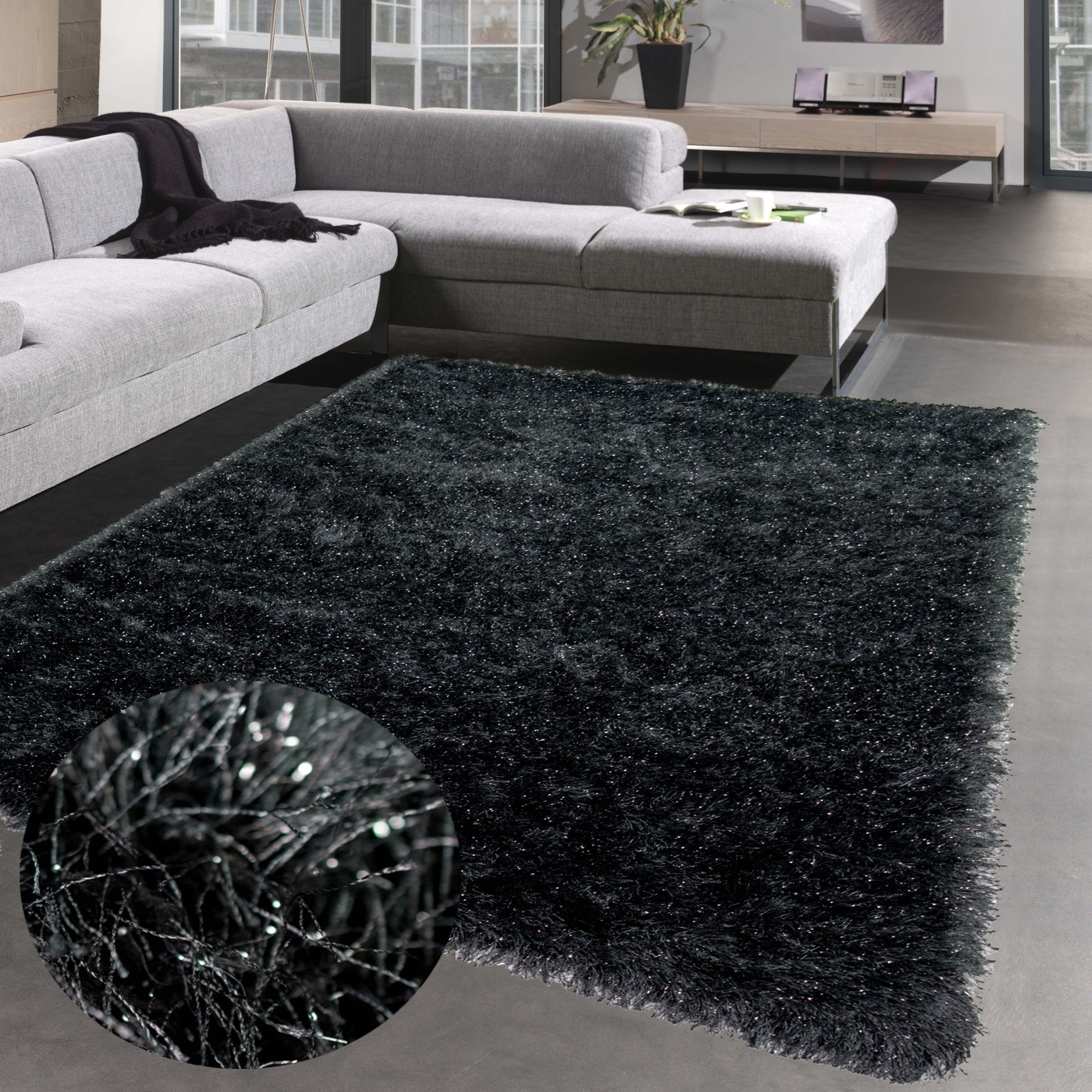 Teppich Shaggy Teppich Hochflor Wohnzimmerteppich Glitzer Anthrazit,  Carpetia, rechteckig, Höhe: 70 mm, Antibakteriell