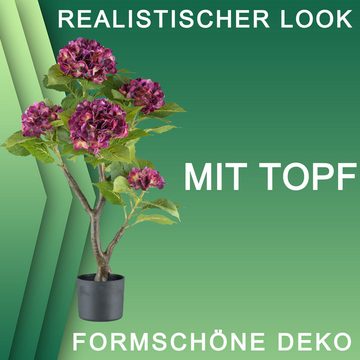 Kunstblume Große Kunstpflanze ca. 85cm Hortensie Real Touch Busch groß Deko, TronicXL