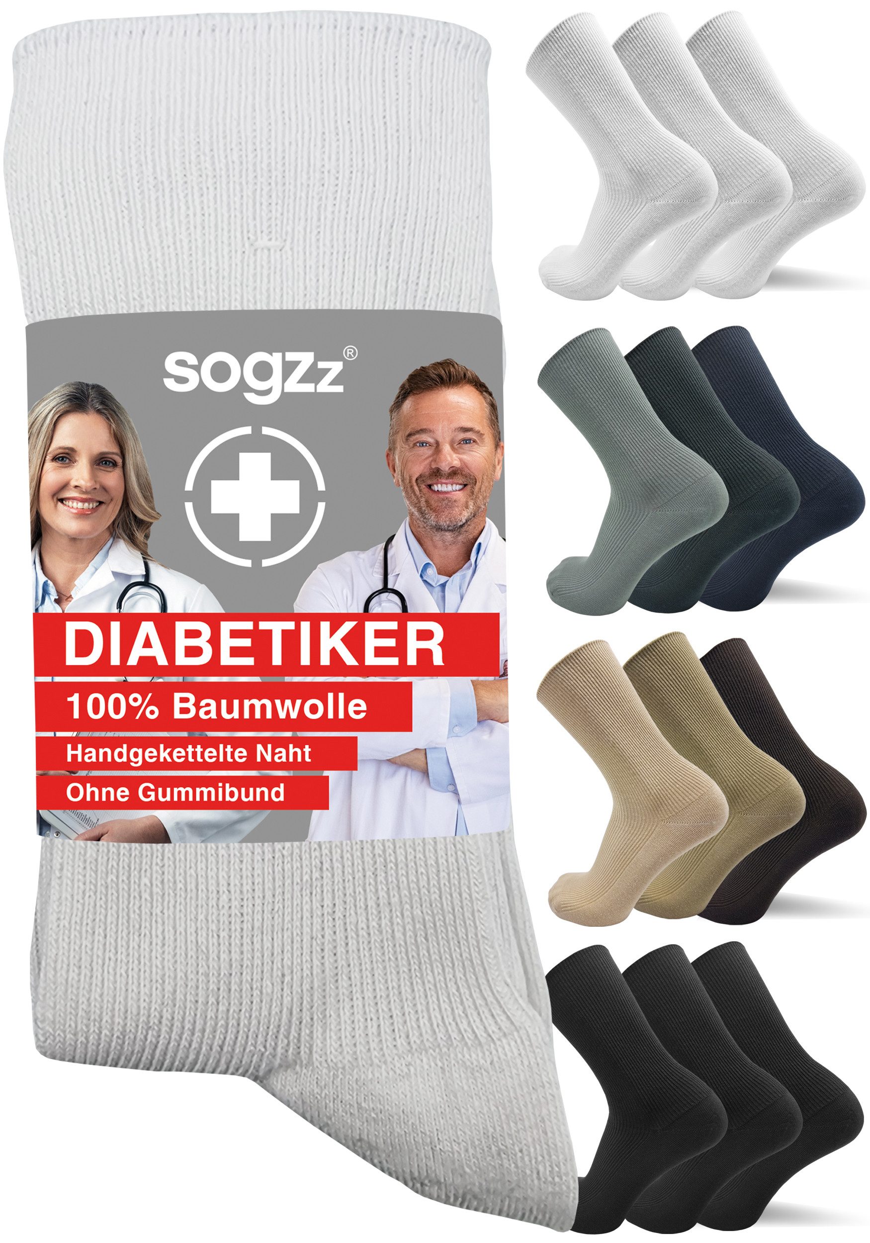 sogzz Diabetikersocken 6-12 Paar Herren 100% Baumwolle ohne Gummi ohne Naht Diabetiker Socken (Ohne Gummibund, 6-Paar)