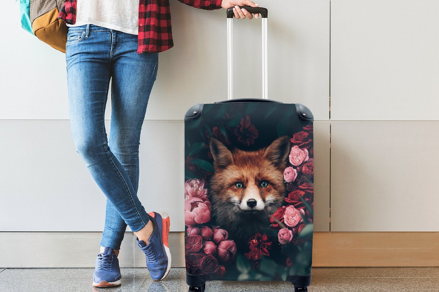 rollen, Rollen, Reisetasche Ferien, MuchoWow mit - - für Fuchs Reisekoffer Tiere, 4 Blumen Trolley, Handgepäck Handgepäckkoffer