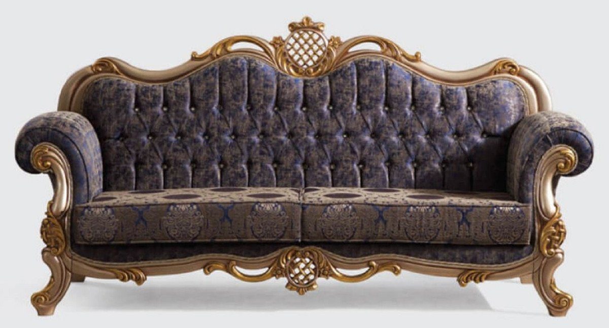 Casa Padrino Sofa Luxus Barock Sofa Blau / Silber / Gold 230 x 85 x H. 120 cm - Prunkvolles Wohnzimmer Sofa mit elegantem Muster - Möbel im Barockstil