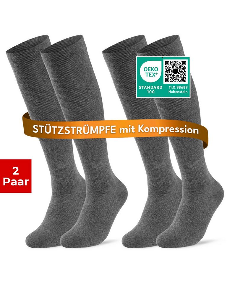 sockenkauf24 Stützkniestrümpfe Kompressionsstrümpfe Reisestrümpfe Stützstrümpfe mit Kompression (Grau, 2-Paar, 39-42) aus Baumwolle für Damen & Herren mit Komfortbund