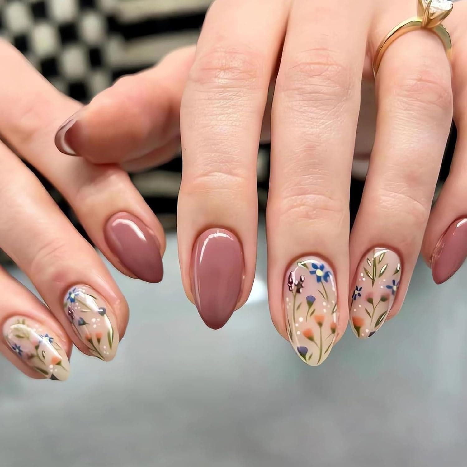 Kunstfingernägel Press On Nails Almond Brown Flower Blau Blumenmuster Acryl Nägel Set