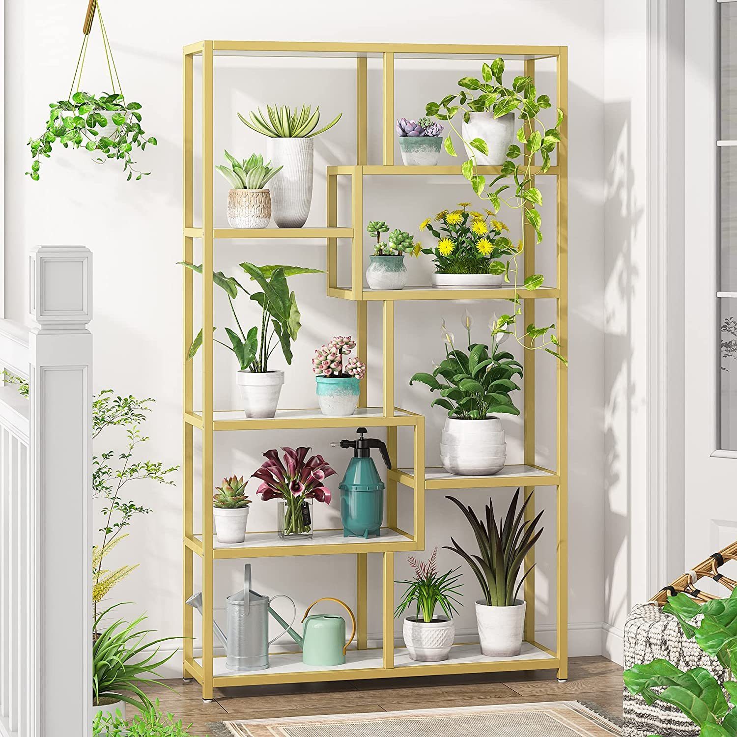 Tribesigns Vitrine 180 cm hohes Bücherregal, modernes Golden weißes Eck-Bücherregal – Bild 4 von 5