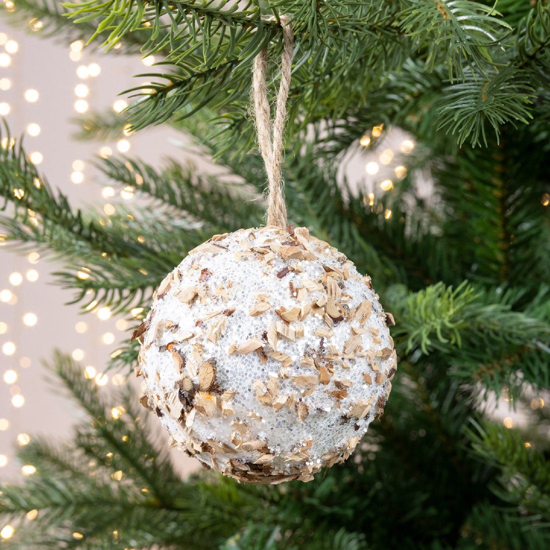 Set Kunststoff 8cm 12er und Holz Christbaumschmuck, Decoris - decorations Weiß Weihnachtskugeln season Glitzer