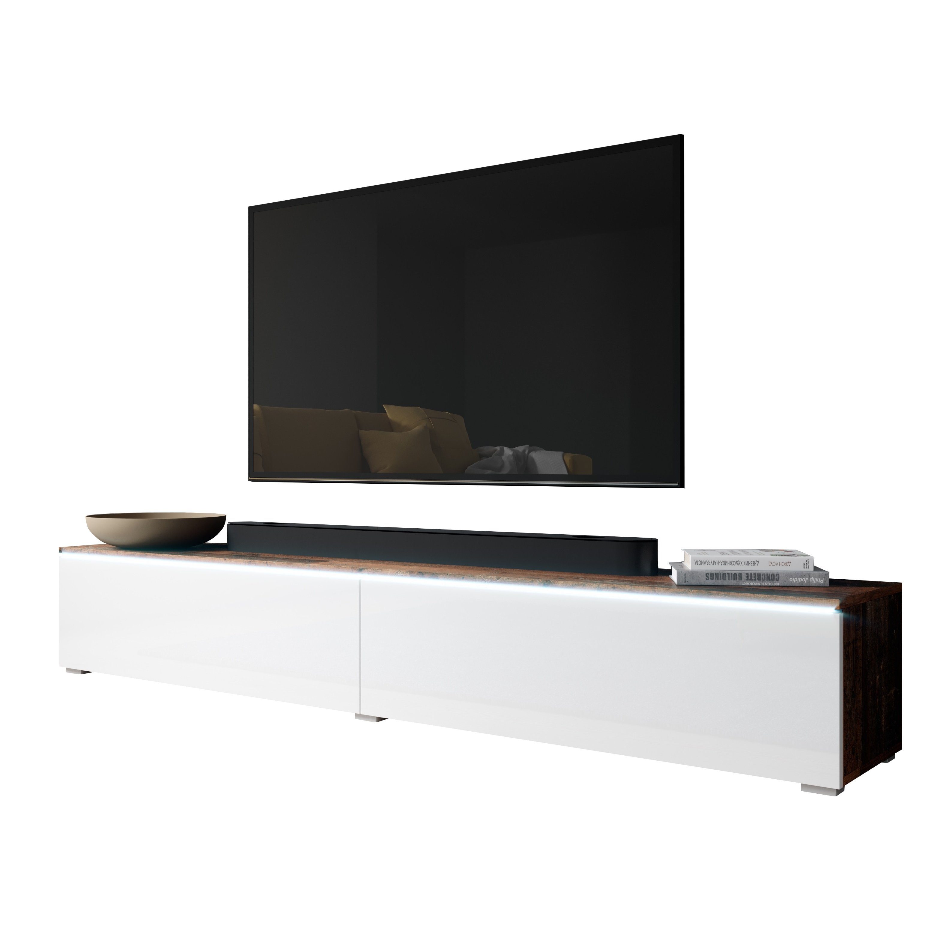 H34 T32 4 x wood/Weiß Hochglanz freistehend, B200 old x TV-Kommode ohne Schrank Furnix TV-Bank cm, Fächer, cm) x LED Lowboard 100 BARGO (2