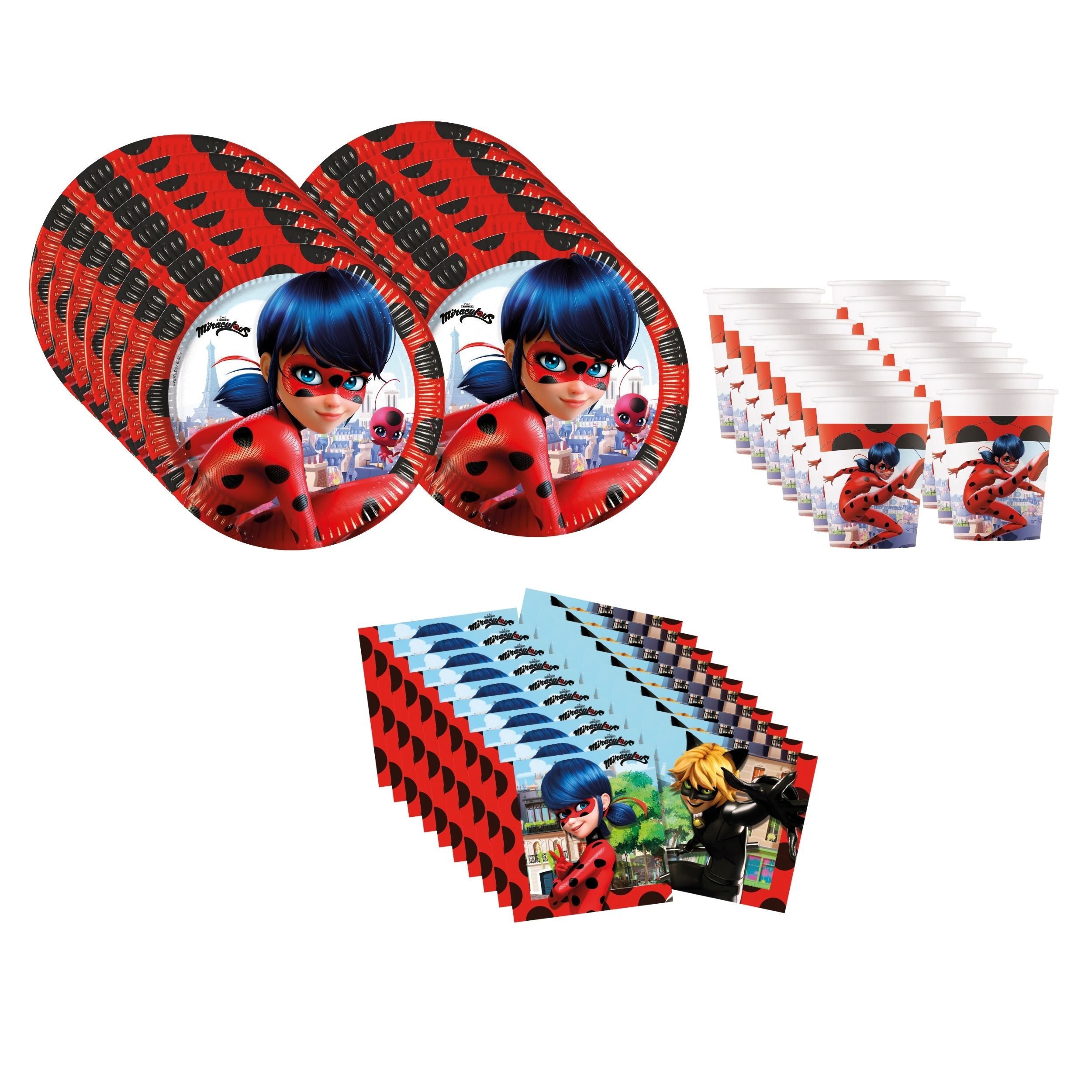 Procos Einweggeschirr-Set Miraculous Partygeschirr Set 52-tlg Kindergeburtstag Ladybug Teller, 16 Personen