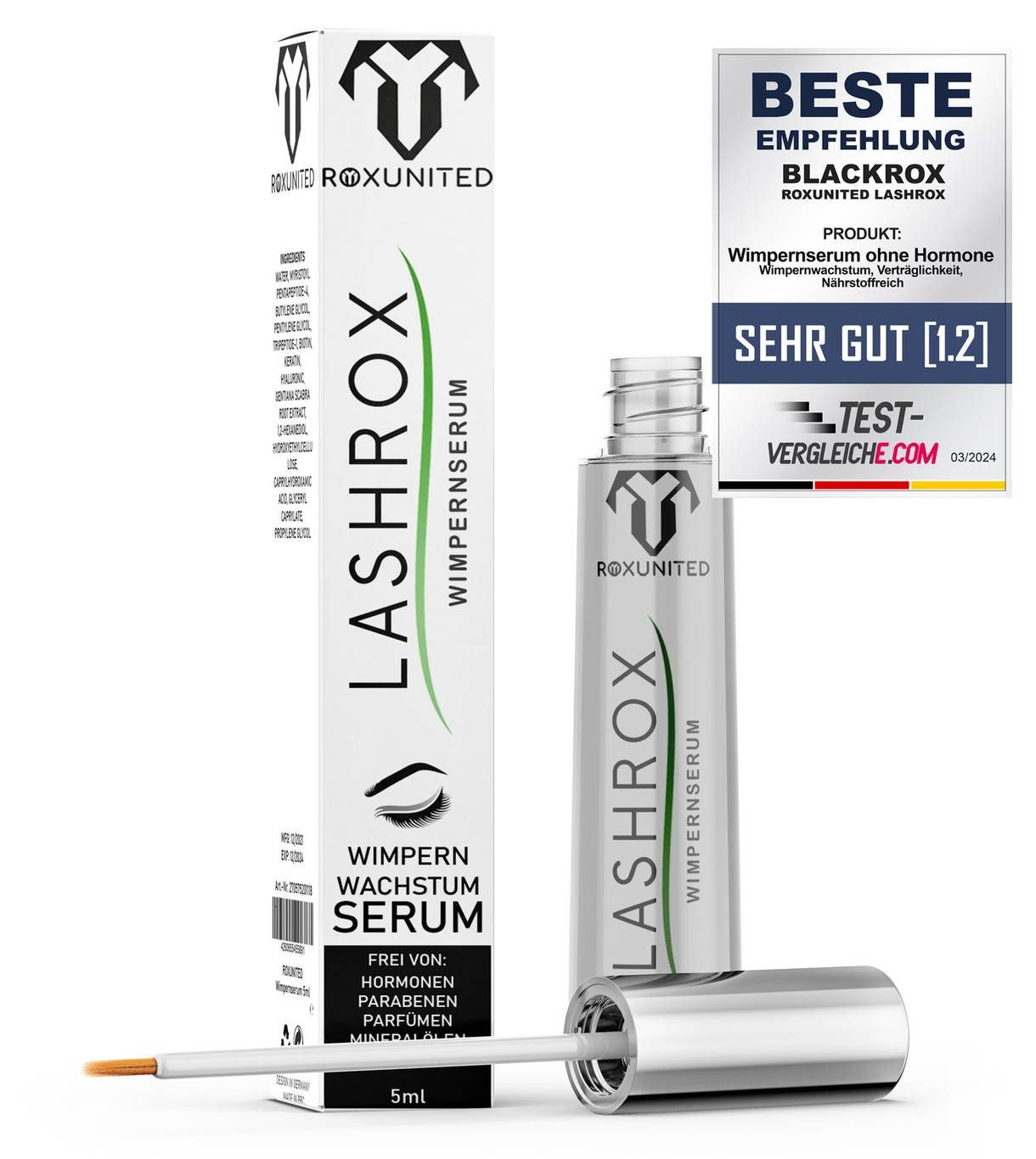 ROXUNITED Wimpernserum [Vergleichssieger 2026] LASHROX, Hormonfrei, Biotin & Koffein 5ml