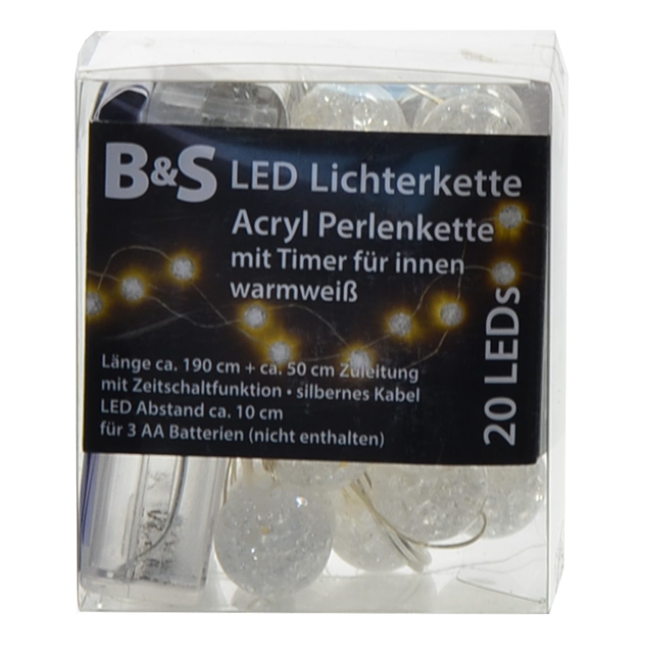 B&S LED-Lichterkette LED Batterie Acryl Perlen Lichterkette 20 LEDs warmweiß Innenbereich