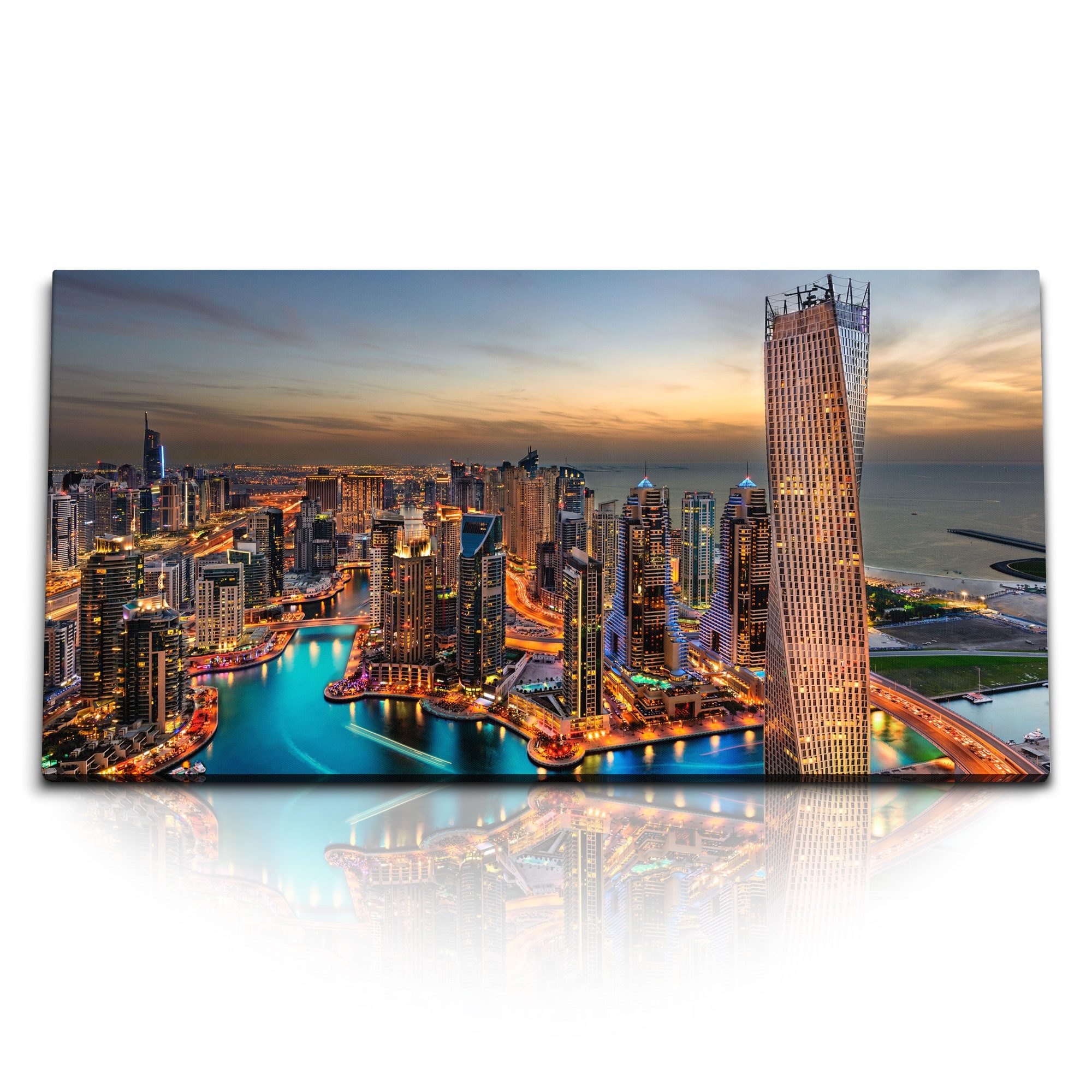 Leinwandbild Kunstdruck Bilder 120x60cm Dubai Wolkenkratzer Abenddämmerung Stadt