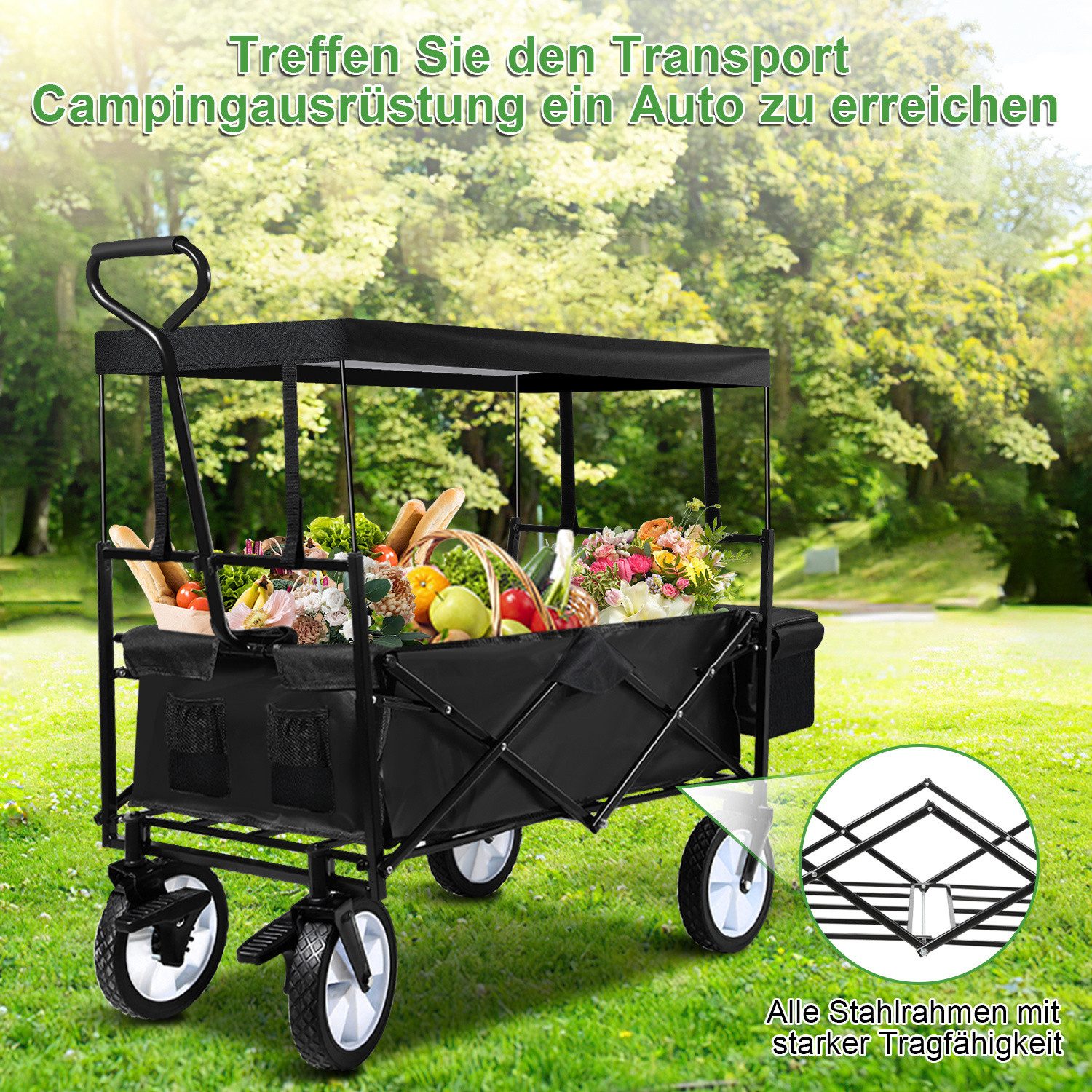 Clanmacy Bollerwagen Bollerwagen Faltbarer mit Dach Handwagen Transportwagen Schwarz, mit Dach – Bild 3 von 5