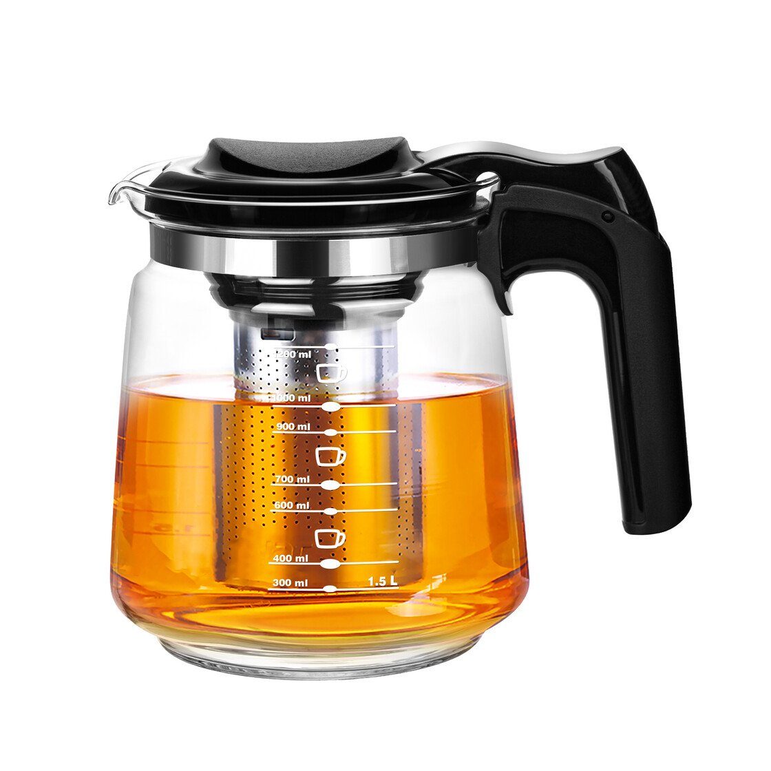 T24 Teekanne Glasteekanne mit Siebaufsatz Hitzebeständig Teesieb, 1,5 l, Edelstahlsieb & Ergonomischer Griff & Hitzeschutz